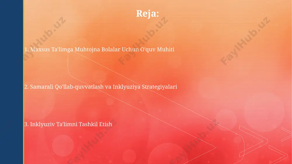 mumkin. maxsus ehtiyojli bolalarni aniqlash va baholash diagnostika jarayonida kamida 2 ta mustaqil mutaxassis (masalan, defektolog va psixolog) tomonidan baholash o‘tkazilib, natijalarni taqqoslash orqali yakuniy xulosa chiqariladi. maxsus ehtiyojli bolalarni aniqlashda 3 yoshdan 6 yoshgacha bo‘lgan bolalarni rivojlanish darajasini baholash uchun psixomotor, nutq va kognitiv rivojlanish testlaridan foydalaniladi. o'quv materiallari va texnologiyalar interaktiv o'yinlar va dasturlar, masalan, 5 dan ortiq o'yinlar va 2 ta dastur, o'quv jarayonini qiziqarli va samarali qilish uchun qo'llanilishi mumkin. asosiy o'quv materiallaridan tashqari, o'quvchilarning individual ehtiyojlarini qondirish uchun qo'shimcha 10% qo'shimcha resurslar va moslashtirilgan materiallar mavjud bo'lishi kerak. inklyuziv sinf xonalarini tuzish va jihozlash inklyuziv sinf xonasini ergonomik jihozlashda, o'rindiqlarning balandligi va stollar orasidagi masofa o'quvchilarning jismoniy ehtiyojlarini inobatga olib, 5-10 sm oralig'ida sozlanishi mumkin bo'lishi lozim. o'quv materiallari va jihozlarni tanlashda, turli xil o'rganish uslublarini (vizual, auditsion, kinestetik) qo'llab-quvvatlovchi, kamida 3 xil turdagi resurslarni ta'minlash zarur. inklyuziv ta'limning asosiy tamoyillari inklyuziv ta'limda kamida 3 …