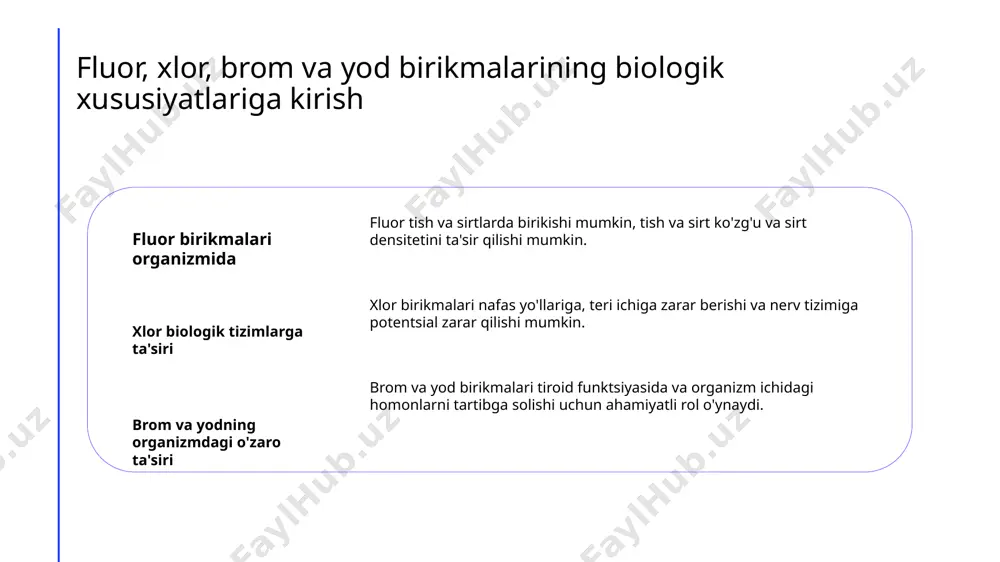 gormonlarni tartiblashda o'z vazifasini bajaradi, o'simliklar hayot va rivojlanishiga ta'sir qiladi. brom birikmasining sog'liqni ta'siri insonlarda bromni ortiqcha qabul qilish toksiklikaga olib kelishi mumkin, bu esa teri va o'pish organlariga zarar keltirishi, shuningdek, nevrolojik muammolarga sabab bo'lishi mumkin. biologik funksiyalarda iodning o'rinbosari 1 2 3 iodning tiroid funksiyasidagi ahamiyati iodning eksikligi va salomatlikga ta'siri iodning oziq-ovqat manbalari iod, tiroid hormonlarini ishlab chiqishda juda muhimdir, ular metabolizmni, o'sishni va energiya darajasini tartibga soladi. yetarli iod miqdori olmagan holatda tiroid kasalliklari, kognitiv buzilishlar va goitre paydo bo'lishi mumkin, bu iodning umumiy salomatlikni saqlashdagi ahamiyatini ko'rsatadi. daryo mahsulotlari, sut mahsulotlari va iodlangan tuz iodning kundalik talablarni qondirish va eksiklikni oldini olish uchun asosiy manbalardir. fluorid, xlor, brom va yodning biologik xususiyatlarini taqqoslash 1 fluoridning tish sog'liqiga ta'siri fluorid tish emalini kuchaytiradi, qorinlarni kamaytiradi va umumiy oral sog'liqni ta'minlaydi. 2 xlorning su tozalashdagi o'rinli roli xlor suvni dezinfektsiya qilishda ko'p ishlatiladi, zararli bakteriya va …