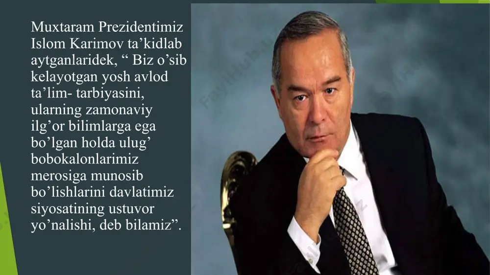 ror bo‘lishi — avvalo sog‘lom va axloqli oiladan boshlanadi. imom buxoriy (810–870) u hadislarda oiladagi tarbiya, farzandni yaxshi yo‘lga boshlash haqida ko‘plab rivoyatlar keltirgan. hadislardan birida shunday deyiladi: "har biringiz boshlig‘isiz va har biringiz o‘z qo‘l ostidagilar uchun mas'ulsiz." (bu ota-onaning bolaga, erning oilasiga bo‘lgan mas'uliyatini bildiradi.) imom termiziy (824–892) u ham hadisshunos olim sifatida tarbiya haqida ko‘plab hadislarni to‘plagan. unga ko‘ra, farzandlarga eng katta meros — bu yaxshi odob va axloqdir. hadis: "ota o‘z farzandiga odobdan ko‘ra yaxshiroq meros qoldira olmaydi.“ alisher navoiy (1441–1501) o‘z asarlarida yaxshi oilaviy tarbiyaning farzand kelajagiga ta’siri haqida fikr bildirgan. “mahbub ul-qulub” asarida u shunday yozadi: **“farzand tarbiyasida ota-onaning so‘zi emas, o‘zining qilgan ishi ahmad yassaviy (12-asr) hikmatlarida ruhiy poklik, axloqiy tarbiya va ota-onaga hurmatni ko‘p targ‘ib qilgan. u oilani “tarbiyat maskani” deb atagan va inson qalbi pokligi oila muhitida shakllanishini ta’kidlagan. etiboringiz uchun raxmat image1.jpeg image2.jpeg image3.jpeg image4.jpeg image5.jpeg image6.jpeg image7.jpeg /docprops/thumbnail.jpeg
