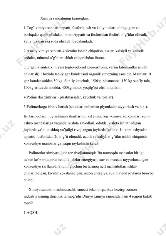 ladi. 2.asosiy ximiya sanoati-kislotalar ishlab chiqarish, tuzlar, kalsiyli va kaustik sodalar, mineral o’g’itlar ishlab chiqarishdan iborat. 3.organik sintez ximiyasi (uglevodorod xom-ashyosi, yarim fabrikantlar ishlab chiqarish). hozirda tabiiy gaz kondensati organik sintezning asosidir. masalan: 1t. gaz kondensatidan 50 kg. sun’iy kauchuk, 150kg. plastmassa, 150 kg sun’iy tola, 100kg erituvchi modda, 400kg motor yoqilg’isi olish mumkin. 4.polimerlar ximiyasi (plastmassalar, kauchuk va tolalar). 5.polimerlarga ishlov berish (shinalar, polietilen plyonkalar tayyorlash va h.k.). bu tarmoqlarni joylashtirish shartlari bir xil emas.tog’-ximiya korxonalari xom-ashyo manbalariga yaqinda, kislota zavodlari, odatda, kislota ishlatiladigan joylarda ya’ni, qishloq xo’jaligi rivojlangan joylarda (chunki 1t. xom-ashyodan appatit, fosforitdan 2t. o’g’it olinadi), azotli va kaliyli o’g’itlar ishlab chiqarish xom-ashyo manbalariga yaqin joylashishi kerak. polimerlar ximiyasi juda tez rivojlanmoqda.bu tarmoqda mahsulot birligi uchun ko’p miqdorda issiqlik, elektr energiyasi, suv va maxsus tayyorlanadigan xom-ashyo sarflanadi.shuning uchun bu tarmoq neft mahsulotlari ishlab chiqariladigan, ko’mir kokslanadigan, arzon energiya, suv mavjud joylarda bunyod etiladi. ximiya sanoati mashinasozlik sanoati …