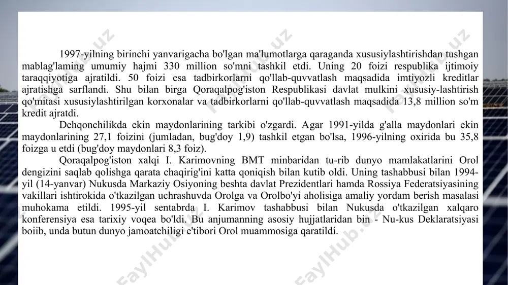 'iston davlat universiteti hamda ajiniyoz nomli nukus davlat pedagogika institutida oliy ma'lumotli mutaxassislar tayyorlanmoqda. bu o'quv yurtlarining kunduzgi bo'limlarida 9 ming nafar talaba o'qimoqda. universitetda qishloq xo'jaligi va tibbiyot ixtisosligi bo'yicha fakultetlar ham mavjud. 1991-1996-yillarda fan sohasida ham sezilarli o'zgarishlar bo'ldi. 1992-yilda o'zbekiston respublikasi fanlar akademiya-sining qoraqalpoq filialiga qoraqalpoq bo'limi maqomi berildi. uning tarkibida ilgari 3 ta institut mavjud bo'lgan bo'lsa, yana ik-kita institut qo'shildi. tarix, arxeologiya va etnografiya hamda bio-ekologiya institutlari ham shu bo'lim tarkibiga kirdi. botanika bog'i bo'linmasiga esa bo'lim maqomi berildi. 1994-yilda esa fanlar aka-demiyasi tarkibiga o'zbekiston sog'liqni saqlash vazirligiga qarashli tajriba instituti va tibbiyot klinikasi ham kiritildi. * qoraqalpoq fanida erishilgan yutuqlar hamda to'rt jildlik «qoraqalpoq tilining izohli lug'ati»ni yaratishdagi xiz-matlari uchun fanlar akademiyasi bo'limining 4 nafar ilmiy xodimla-ri (m.qalandarov, r.yesemuratova, a.to'raboyev, d.qozoqboyev) 1996-yilda o'zbekiston respublikasining beruniy nomidagi davlat mukofoti bilan taqdirlandilar. 1992-yilda o'zbekiston respublikasi qishloq xo'jaligi fanlari akademiyasining qoraqalpoq bo'limi tashkil etildi. uning tarkibiga sh.musayev …