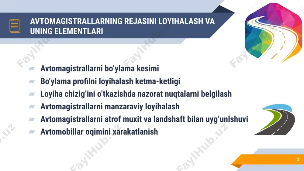 matlarida o’ymaning ko’ndalang profili ko’tarma profiliga qaraganda katta bo’lib chiqishi sababli loyiha chizig’ini shunday joylashtirish zarurki, bo’ylama profilda o’yma joylarning maydoni ko’tarma maydonidan 25-30% kam bo’lsin. 6 shnq 2.05.02-07 ga asosan yo’l poyining yuqori qatlamini va yo’l to’shamasining mustahkamlanganligini, turg’unligini ta’minlash uchun qoplama ustini yer osti suvlarining hisobiy sathidan, yer yuzasidagi suvlar yoki quruq (30 sutkadan ortiq) turuvchi yer yuzasi suvlaridan, shuningdek yer yuzasidagi suvlarni oqishi ta’minlanmagan yoki kam muddat (30 sutkadan ortiq) turuvchi yuza suvlari sathidan ko’tarilishi 3.1 - jadval talablariga javob berishi lozim. hududlarning tabiiy sharoiti ob-havo iqlim omillari majmui bilan tavsiflanadi va o’zbekiston respublikasi hududi 3.2 - jadvalga asosan yo’l-iqlim mintaqasiga bo’linadi 7 ishchi qatlam tuprog‘i yo‘l-iqlim mintaqalar doirasida qoplama yuzasining eng kam ko‘tarilishi, m i ii iii iv mayda qum, yengil yirik supes, yengil supes 0,5/0,3 0,6/0,4 0,4/0,2 0,9/0,7 changsimon qum changsimon supes 0,8/0,5 1,0/0,6 0,7/0,4 1,2/0,9 yengil suglinok, og‘ir suglinok loylar 1,1/0,8 1,3/1,0 1,0/0,7 1,5/1,2 …