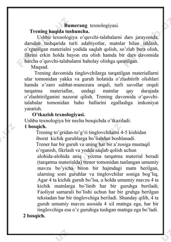 bera olish, fikrini erkin holda bayon eta olish hamda bir dars davomida barcha o’quvchi-talabalarni baholay olishga qaratilgan. maqsad. trening davomida tinglovchilarga tarqatilgan materiallarni ular tomonidan yakka va guruh holatida o’zlashtirib olishlari hamda o’zaro suhbat-munozara orqali, turli savollar orqali tarqatma materiallar, undagi matnlar qay darajada o’zlashtirilganini nazorat qilish. trening davomida o’quvchi-talabalar tomonidan baho ballarini egallashga imkoniyat yaratish. o’tkazish texnologiyasi. ushbu texnologiya bir necha bosqichda o’tkaziladi: 1 bosqich. trening to’gridan-to’g’ri tinglovchilarni 4-5 kishidan iborat kichik guruhlarga bo’lishdan boshlanadi. trener har bir guruh va uning har bir a’zosiga mustaqil o’rganish, fikrlash va yodda saqlab qolish uchun alohida-alohida aniq yozma tarqatma material beradi (tarqatma materialda) trener tomonidan tanlangan umumiy mavzu bo’yicha biron bir hajmdagi matn berilgan, ularning soni guruhlar va tinglovchilar soniga bog’liq. agar 4 ta kichik guruh bo’lsa, u holda umumiy mavzu 4 ta kichik matnlarga bo’linib har bir guruhga beriladi; faoliyat samarali bo’lishi uchun har bir gruhga berilgan tekstadan har bir tinglovchiga …