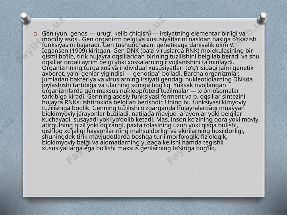 adi. maʼlumki, egizaklar bir tuxumli yoki ikki tuxumli boʻladi. bir tuxumli egizaklar genotip va tashqi koʻrinishlarining bir xilligi (fenotip) hamda bir jinsga mansubligi bilan tavsiflanadi. ikki tuxumli egizaklar genotipi har xil va bir-biridan tashqi koʻrinishi, jinsi bilan farq qiladi. egizaklar usuli ayrim kasalliklarning nasldannaslga oʻtish qonuniyatlarini oʻrganib kolmay, organizmning ayrim i. k. ga moyilligini ham aniqlash imkonini beradi. gen kasalliklari nuqtali mutatsiyalar natijasida yuzaga keladigan moddalar almashinuviga aloqador. hozir ularning 30 dan ortiq xili aniqlangan. mas, yogʻ almashinuvining buzilishi markaziy nerv sistemasi faoliyatining oʻzgarishi bilan kechadi. bulardan eng ogʻiri tey-saks amavrotik idiotiyasidir, bunda koʻrish krbiliyatining susayishi, esi pastlik va b. nevrologik simptomlar kuzatiladi. uglevod almashinuvining oʻzgarishiga aloqador i. k. dan galaktozemiya uch-raydi. bunda galaktozani glyukozaga aylantiruvchi fermentativ jarayon oʻzgaradi, galaktoza va uning mahsulotlari qujayralarda toʻplanib, markaziy nerv sistemasi va aʼzolar faoli-yatiga zarar yetkazadi. qandli diabet ham uglevod almashinuvining buzilishiga aloqador i. k. dandir. bruton kasalligida immunoglobulin fraksiyalarining sintez qilinishi buziladi, …