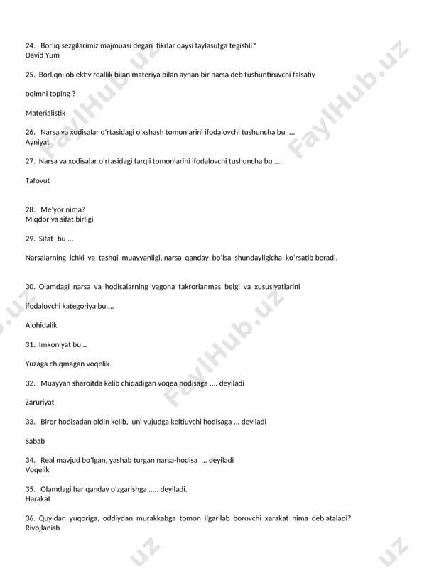 i. individual ong 43. hayotiy tajribalar asosida vujudga kelgan xulosa va qarashlar majmuyi.... odatiy ong 44. kishilarda voqelikni abstrakt – fikriy aks ettira oladigan qobiliyat asosida paydo bo‘ladigan va rivojlanadigan in’ikosning dastlabki shakli bu... tushuncha 45.o‘rganilayotgan ob’ektni mustaqil o‘rganishda qismlarga, tomonlarga bo‘lish asosida tahlil qilish bu… analiz 46. xulosada fikr rivoji umumiy bilimdan xususiy bilim tomon yo‘nalishi bu ... deduksiya 47. nsonning sezgi, idrok, tasavvuridan iborat hissiy qobiliyatlari asosida narsalarni maqsadli o‘rganishga nima deb ataladi? kuzatish 48. ongsizlik nima? inson aqliy sohasidan tashqarida ong tomonidan nazoratga olinmaydigan turli ruhiy hodisa va holatlar majmuyi 49. materiya nima? materiya bu – ob’ektiv reallikdir, uni inson sezgilari orqali aks ettiradi 50. harakat nima? harakat bu – umuman o‘zgarishdir 51. ijtimoiy ong nima? ijtimoiy ong – his-tuyg‘ular, qarashlar, g‘oyalar, nazariyalar majmuidir 52. substansiya nima? olamdagi barcha narsalarning negizi, asosi 53. insonning ma’naviy ehtiyojlariga nimalar kiradi? olamni bilish, dunyoqarash, ma’naviy kamolot yo‘lida intilish 54. davlat …