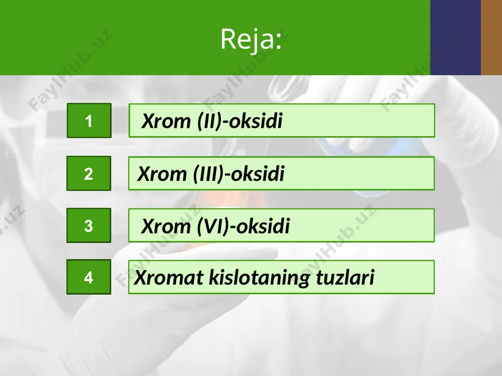 o‘lsa: 2cro3 + h2o = h2cr2o7 demak, xrom (vi)-oksidiga ikki xil kislota to‘g‘ri keladi: h2cro4 – xromat kislota, h2cr2o7 – dixromat kislota. xromat kislotaning tuzlari xromatlar deyiladi va ular sariq rangda bo‘ladi. dixromat kislota tuzlari dixromatlar deyilib, to‘q sariq rangli bo‘ladi. kaliy xrom dixromat kislota xromat va dixromat kislotalarning natriyli, kaliyli va ammoniyli tuzlari barqaror va suvda yaxshi eriydi. bu tuzlar kuchli oksidlovchilardir. shuning uchun ularning kislotali muhitdagi eritmasi turli moddalarni oksidlashda foydalaniladi: 3na2so3 + k2cr2o7 + 4h2so4 → 3na2so4 + k2so4 + cr2(so4)3 + 4h2o 6feso4 + k2cr2o7 + 7h2so4 = 3fe2(so4)3 + cr2(so4)3 + k2so4 + 7h2o image2.jpg image3.jpeg image4.jpeg image5.jpeg image6.jpeg image7.jpeg image8.jpeg image9.jpeg image10.jpeg image11.jpeg image12.jpeg image13.jpeg image14.jpeg image15.jpeg image16.jpeg image17.jpeg image18.jpeg image19.jpeg image20.jpeg image21.jpeg image22.jpeg image23.gif image24.jpeg image25.jpeg image26.jpeg image1.jpg /docprops/thumbnail.jpeg