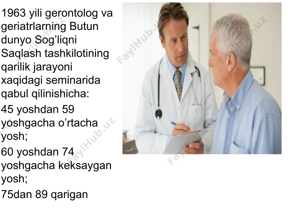 huki, kasallik qarishni tezlashtiradi. qarilik esa – kasallikni avj oldiradi. demak, fiziologik qarish biologik determinirlangan biologik jarayon xisoblanadi, erta qarish esa–turli omillar bilan bog’liq bo’lgan tabiiy jarayon kechishni o’zgarishidir erta qarishga olib keluvchi moyil omillar quyidagilar: gipodinamiya, uzoq va tez-tez qaytariluvchi asabiy-emotsional zo’riqish, tartibsiz ovqatlanish, surunkali kasalliklar, zararli odatlar va nasliy moyillik (ota-onasi xayotining qisqa davomiyligi). organizmdagi chuqur anatomik va funksional o’zgarishlar qarilik involyusion protsessi tushunchasini anglatadi anatomik o’zgarishlar qarilik atrofiyasi ko’rinishida sklerozga moyillik xolatida xarakterlanadi, bu xolat moddalar almashinuvining boshqacha bo’lib qolishi, shuningdek jinsiy bezlar funksiyasining susayishiga xamda endokrin muvozanatning buzilishiga, ya'ni yangilanish va yemirilish muvozanatining buzilishiga olib keladi. bunday xolatga yorqin misol,”anoreksiya” -ishtaxaning pasayib ketishi, bu xolat to’qimalarning yashashi uchun zarur bo’lgan energiya manbai, ozuqa moddalariga bo’lgan talabining pasayib ketishi ko’rinishida namoyon bo’ladi.qarilik atrofiyasi deganda xujayralarda yuz beradigan regressiv o’zgarishlar yig’indisi, ya'ni xujayralar xajmining, sonining kamayishi kuzatiladi. nerv to’qimalarida pigmentli, yog’li degeneratsiya va atrofik o’zgarishlar ro’y beradi. qon …
