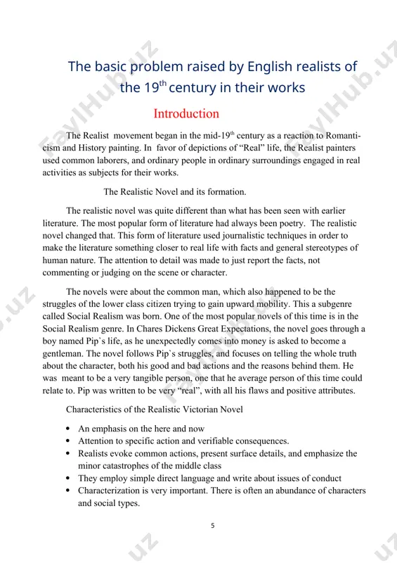 n from the readers: how do we know that pip`s descriptions and thoughts are accurate representation of reality? the honest answer is that we simply do not, and this kind of ambiguity leads to very interesting discussions about victorian realism. the aim of my course paper is the basic problems raised by english realists of the 19th century in their works. to teach the aim i put forward the following tasks: · to study realistic genre · to investigate writers novels · to analyze dicken`s works · to consider about problem english realists the subject of my course paper is the basic problems raised by english realists of the 19th century in their works. the object of my course paper is writers of the 19th century and their works. the course paper includes introduction, main part , conclusion and list of references. the main part includes: · charles dickens, his …