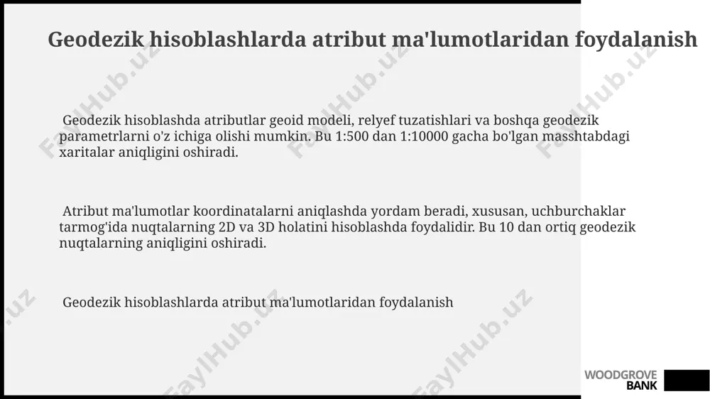 . geodezik ishlarda mavzuli qatlamlar gps o'lchovlari va aerofotosuratlar asosida joylashuv, balandlik, koordinatalar (x, y, z) kabi ma'lumotlarni aniq aks ettirib, 20% xatolikni kamaytirishga yordam beradi. geodeziyada mavzuli qatlam atributlaridan foydalanish woodgrove bank kelajakdagi tendentsiyalar va rivojlanish istiqbollari sun'iy intellekt yordamida geo-fazoviy ma'lumotlarni tahlil qilish va qayta ishlash 60% tezlashadi, bu esa tabiiy ofatlarni bashorat qilish va urbanizatsiya jarayonlarini rejalashtirishda yordam beradi. blokcheyn texnologiyasi kadastr tizimlarida 75% gacha shaffoflikni oshirishga yordam beradi, yer mulki egalari va davlat o'rtasidagi ishonchni mustahkamlaydi va bitim xarajatlarini kamaytiradi. kelajakdagi tendentsiyalar va rivojlanish istiqbollari woodgrove bank atribut ma'lumotlarining sifati va aniqligi kadastr ma'lumotlarining aniqligi ±0.1 metrgacha bo'lgan xatolik bilan belgilanadi; atribut ma'lumotlarining to'liqligi esa 99.9% bo'lishi shart, bu davlat reyestrining ishonchliligini ta'minlaydi. geodezik o'lchovlarda atribut ma'lumotlarining aniqligi 1:5000 masshtabda 90% dan kam bo'lmasligi kerak. bu xaritalarning to'g'riligi va turli tahlillarning ishonchliligi uchun muhimdir. atribut ma'lumotlarining sifatini baholashda 95% ishonch oralig'ida, kamida 85% aniqlik darajasiga erishish …
