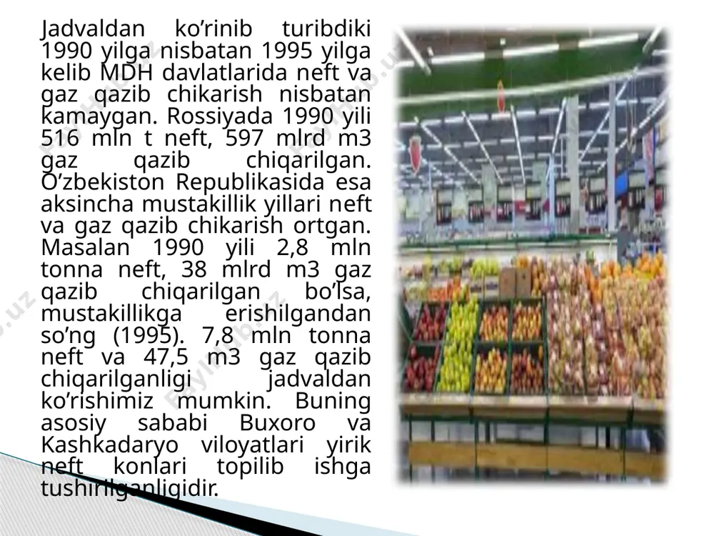 oy, makkajuxori еtishtirishga, janubiy mintakada esa qand lavlagi, tamaki, sholi, uzum еtishtirshga imkon beradi. qozog’istonning shimoliy qismida iqlim va tuprok ancha yaxshi bo’lib, yerda sug’ormasdan dеxqonchilik qilinsa, markaziy qismlari esa cho’llardan iborat bo’lganligi sababli chorvachilikda foydalanish imkonini beradi. mintakaning janubiy qismida sug’orib dеxqonchilik qilinadi. qishloq xo’jaligida ayrim rеgional farqlar ham bo’lib, bular natijasida o’zbеkiston paxtachilik va don еtishtirishga, qozog’iston don va chorvachilikka, turkmaniston paxta va chorvachilikka, tojikiston paxta va bog’dorchilikka, kirgiziston esa mayin junli qo’ychilikka ixtisoslashtirilgan. o’zbеkiston rеspublikasi markaziy osiyning asosiy paxtasini еtqazib bersa, tojikiston ingichka tolali paxtaning 50% ini beradi. paxta bilan almashlab bеda, makkajuxori ekiladi. baxorikor yerlarda bug’doy, arpa еtishtiriladi. bular hatto baland tog’larda ham ekiladi. shuningdеk, markaziy osiyo davlatlarida korakul tyerisi (qozog’iston, o’zbеkiston, turkmaniston) va pilla (o’zbеkiston, tojikiston) еtishtirish ham yaxshi yo’lga kuyilgan. jadval ma'lumotlari shuni ko’rsatadiki, 1990-1995 yillar mobaynida o’zbеkistonda don еtishtirilish xajmi 168% tashkil etgan bo’lsa, ko’shni rеspublikalarda ushbu ko’rsatgich kеskin kamayganligini ko’rishimiz mumkin jumladan, …