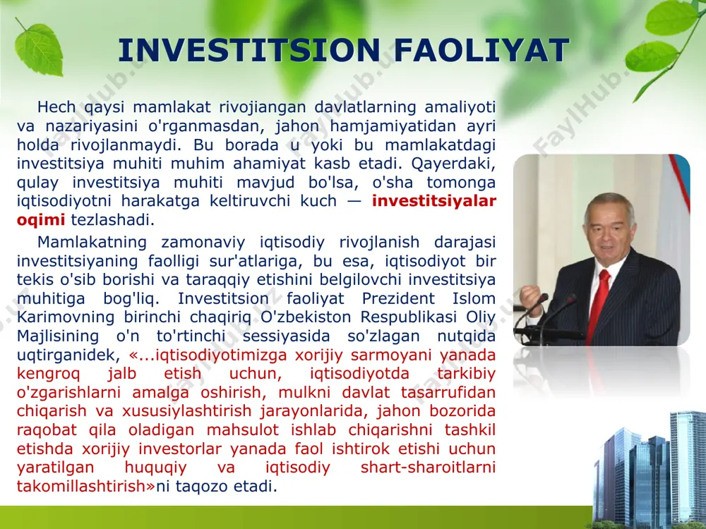 an bir qator muhim uslubiy qoidalarni hisobga olish zarur. ular quyidagilarni ko'zda tutadi: 1. barcha turdagi investitsiyalar uchun ma'lum investitsiya muhiti zarur. amalda kapital (sanoat, savdo, qarz, aksionerlik) investitsiya kabi turlicha bo'ladi, investorlar esa, ustma-ust tushmaydigan maqsadlarni ko'zlaydi. qarz kapitali qisqa vaqt ichida maksimum foyda olishga qaratilgan bo'lib, moliyaviy investitsiyalar orqali, sanoat kapitali uzoq muddat davomida korxona faoliyatiga barqaror ta'sir o'tkazishga intilib, real, bevosita investitsiya orqali harakat qiladi. 2. investitsion faoliyat manfaatlar muvozanatiga asoslangan bo'lishi kerak, chunki investitsiyalarni qabul qiluvchi ham, yetkazib beruvchi ham turlicha maqsadlarni ko'zlaydi: ularning birinchisi minimum mablag'lar asosida maksimum maqsadlarni ko'zlasa, ikkinchisi - maksimum foyda olish va mahalliy bozorlarni mumkin qadar tezroq egallashga intiladi. * investitsion faoliyat 3. investitsion faoliyat, bir tomondan, uzoq vaqt barqaror, ikkinchi tomondan, yetarli darajada uddaburon tadbirkor, mamlakatda shakllanayotgan ijtimoiy ishlab chiqarish omillariga (ilmiy-texnikaviy, tadbirkorlik, boshqaruv, texnologik) nisbatan yuz berayotgan o'zgarishlarni hisobga ola biladigan bo'lishi darkor. 4. investitsiyalar inson kapitali rivoji, barcha …