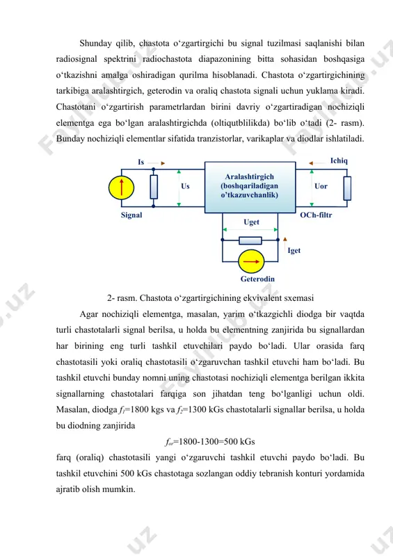 astota signali uchun yuklama kiradi. chastotani o‘zgartirish parametrlardan birini davriy o‘zgartiradigan nochiziqli elementga ega bo‘lgan aralashtirgichda (oltiqutblilikda) bo‘lib o‘tadi (2- rasm). bunday nochiziqli elementlar sifatida tranzistorlar, varikaplar va diodlar ishlatiladi. ( aralashtirgich ( boshqariladigan o’tkazuvchanlik ) i chiq i s geterodin u о r u s signal och-filtr i get u get ) 2- rasm. chastota o‘zgartirgichining ekvivalent sxemasi agar nochiziqli elementga, masalan, yarim o‘tkazgichli diodga bir vaqtda turli chastotalarli signal berilsa, u holda bu elementning zanjirida bu signallardan har birining eng turli tashkil etuvchilari paydo bo‘ladi. ular orasida farq chastotasili yoki oraliq chastotasili o‘zgaruvchan tashkil etuvchi ham bo‘ladi. bu tashkil etuvchi bunday nomni uning chastotasi nochiziqli elementga berilgan ikkita signallarning chastotalari farqiga son jihatdan teng bo‘lganligi uchun oldi. masalan, diodga f1=1800 kgs va f2=1300 kgs chastotalarli signallar berilsa, u holda bu diodning zanjirida for=1800-1300=500 kgs farq (oraliq) chastotasili yangi o‘zgaruvchi tashkil etuvchi paydo bo‘ladi. bu tashkil etuvchini 500 kgs …