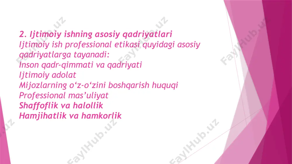 z-o‘zini boshqarish huquqi javobgarlik va halollik bu qadriyatlar global darajada tan olingan va barcha professional ijtimoiy ishchilarga yo‘l ko‘rsatib beradi. 6. xulosa ijtimoiy ishning muvaffaqiyatli yuritilishi uning asosiy qadriyatlariga, xususan inson qadr-qimmati va etik me’yorlarga rioya qilishga bog‘liq. ijtimoiy ishchi – bu nafaqat yordam ko‘rsatuvchi mutaxassis, balki jamiyatda adolat va insoniylikni qaror toptiruvchi shaxsdir. e’tiboringiz uchun raxmat image1.jpg image2.jpg /docprops/thumbnail.jpeg