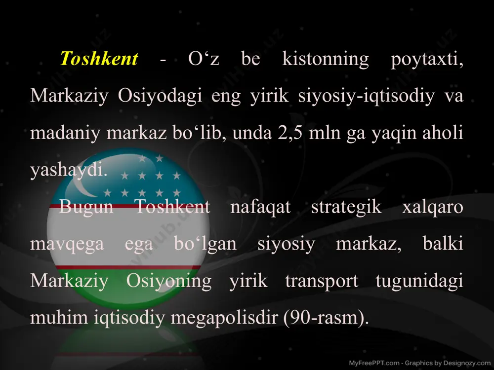 r va konsert zallari, sirk, zamonaviy stadion va boshqalar mavjud. toshkent ta’sirida, poytaxtga tutash tumanlarda urbanizatsiya jarayoni jadallashmoqda. urbanizatsiya - shaharlar va shahar aholisining o‘sishi, mamlakat hayotida shaharlar rolining kuchayishi. endilikda shahar maydoni 330 kv. km dan ortib, toshkent avtomobil halqa yo‘lidan tashqaridagi hududlarni ham qamrab olmoqda. poytaxtning iqtisodiy va ijtimoiy ta’siri negizida undan 60-70 km radiusdagi hudud bo‘ylab 10 ta shahar va o‘nlab shaharchalardan iborat toshkent aglomeratsiyasi vujudga kelgan (92-rasm). aglomeratsiya - shaharlarning yirik shahar atrofida to‘planishi. bu aholi punktlari, asosan, chorvoqdan sirdaryogacha bo‘lgan oraliqdagi yo‘llar atrofida joylashgan. ular toshkent taraqqiyotini tartibga solish uchun muhim qulayliklar yaratadi. hоzirgi vаqtdа mаmlаkаtimiz pоytахtidа yangi vа zаmоnаviy «tashkent city» kоmplеksi bаrpо etilmоqdа. qurilish jаrаyonigа mаhаlliy vа chеt ellik ekspеrtlаr jаlb etilgаn. «tashkent city» qurilishi jаrаyonidа biznеs vаkillаri uchun qulаylik yarаtish mаqsаdidа bаrchа shаrоitlаr yarаtilmоqdа (93-rasm). yashil hududlаrdаn tоrtib, zаmоnаviy dizаyn vа ko‘rinishgа hаm e’tibоr bеrilmоqdа. jоylаrdа mахsus mаydоnchаlаr vа tаshrif buyuruvchilаr uchun …
