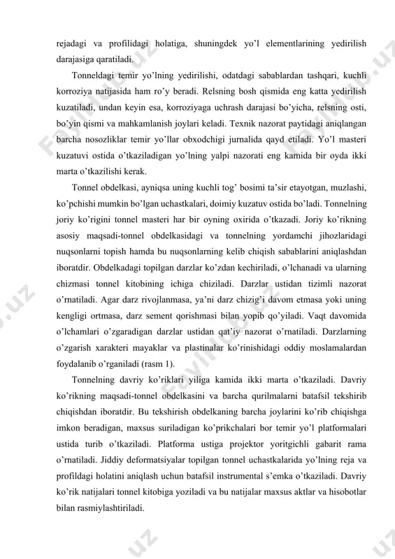 ha qurilmalarni batafsil tekshirib chiqishdan iboratdir. bu tekshirish obdelkaning barcha joylarini ko’rib chiqishga imkon beradigan, maxsus suriladigan ko’prikchalari bor temir yo’l platformalari ustida turib o’tkaziladi. platforma ustiga projektor yoritgichli gabarit rama o’rnatiladi. jiddiy deformatsiyalar topilgan tonnel uchastkalarida yo’lning reja va profildagi holatini aniqlash uchun batafsil instrumental s’emka o’tkaziladi. davriy ko’rik natijalari tonnel kitobiga yoziladi va bu natijalar maxsus aktlar va hisobotlar bilan rasmiylashtiriladi. a) b) rasm 1. obdelkadagi darzlarni kuzatish uchun moslamalar: a - mayak; b - plastinalar tonnelning maxsus tekshirishlari obdelkada xavfli deformatsiyalar topilganda o’tkaziladi. bu deformatsiyalarning yanada rivojlanishini oldini olish uchun ko’tarib turuvchi konstruksiyaning ishlash sharoitini har tomonlama tahlil qilib chiqish kerak bo’ladi. tonnelni tekshirish komissiyasiga tonnel quruvchilari, geologlar, gidrologlar, seysmologlar va klimatologlar (iqlim mutaxassislari) kiritiladi. maxsus tekshirishlarning maqsadi-tonnelning umumiy holatini baholash, tonnelning deformatsiyalanayotgan uchastkalari, tog’ massivining gidrogeologik sharoitlari va tog’ bosimining oshishi ustidan doimiy kuzatuvlar dasturi bajarilishining to’g’riligini tekshirishdir. tekshirishlar natijasida tonnel obdelkasining oshib boradigan deformatsiyalarini keltirib …