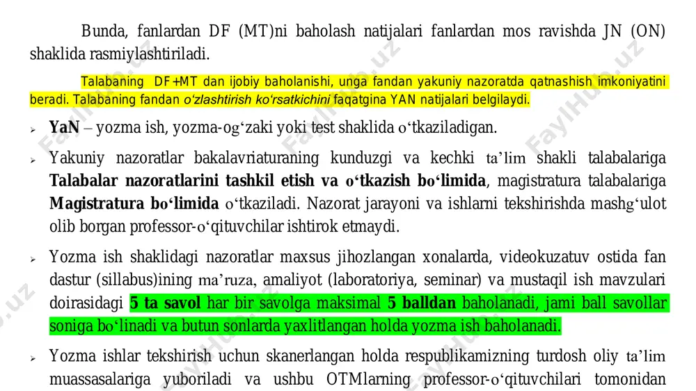 r tasdiqlangan o‘quv grafikda ko‘rsatilgan attestasiya muddati tugagach ikki hafta davomida) murojaat qilinganda, ushbu talabaga yakuniy nazoratni topshirishga qayta yakuniy nazoratgacha bo‘lgan davrda o‘quv ishlari prorektori tomonidan ruxsat etiladi. bunda, tegishli fandan qayta imtihon o‘tkazilgandan keyin dastlabki shakl asosida yakuniy nazorat topshirishga ruxsat etilmaydi. ➢ akademik qarzdor talabalarga qarzdorlikni bartaraf etish uchun kechki, sirtqi ta’lim shaklidagi 5-kurs talabalariga 2 marta qayta topshirishga imkon beriladi. fanlardan akademik qarzdorligi 4 ta va undan ko‘p bo‘lgan kechki, sirtqi ta’lim shaklidagi 5-kurs talabalariga qayta topshirishga ruxsat berilmaydi. bunday talabalar fakultet dekani (institut direktori)ning bildirishi asosida universitet rektorining buyrug‘i bilan kursdan qoldiriladi. ➢ yakuniy nazoratni qayta topshirish uchun berilgan kechki, sirtqi ta’lim shaklidagi 5-kurs talabalariga bir oy davomida akademik qarzdorlikni bartaraf etmasa fakultet dekani (institut direktori)ning bildirishi asosida universitet rektorining buyrug‘i bilan kursdan qoldiriladi. ➢ bakalavriat talim yo‘nalishlarining 1-2-3-4 (magistratura mutaxassisliklarining 1-2) bosqich talabalariga barcha ta’lim shakllarda akademik qarzdorlikni bartaraf etish uchun bir marta qayta …
