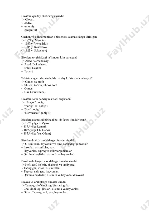 va geterotrof} kimyoviy elementlar er massasining necha % tashkil etadi? {= 99,9% ~ 89,9% ~ 98,9% ~ 91,9%} kimyoviy elementlar er qobig’ining necha % tashkil etadi? {= 98,8% ~ 95,9% ~ 98,9% ~ 96,9%} produsentlar qanday organizmlar? {= bular hosil qiluvchilar ~ bular talab qiluvchilar ~ bulat istemol qiluvchilar ~ bular parchalovchilar} fotosintezda kislorod nimani hisobiga qarab hosil bo’ladi? {= suvning parchalanishi ~ kislorodning yutilishi ~ korbanat anggidrid ko’pligiga ~ co2 ning yutilishiga qarab} konsumentlar nima? {= bular iste’molchilar ~ bular talab qiluvchilar ~ bular hosil qiluvchilar ~ bular parchalovchilar} redusentlar qanday organizmlar? {= bular parchalovchilar ~ bular talab qiluvchilar ~ bulat istemol qiluvchilar ~ bular hosil qiluvchilar} nima biotsenozning asosiy tarkibi va energiya manbaini tashkil qiladi. ular assimilyasiya (yig’ish) jarayonida to’plagan energiyasini boshqa organizmlarga beruvchilardir? {= produtsentlar ~ 1 darajadagi konsumentlar ~ 2 darajadagi konsumetlar ~ redutsentlar} ekotizimlarda moddalar aylanishi turlarini aniqlang? {= katta va kichik ~ kichik ~ …