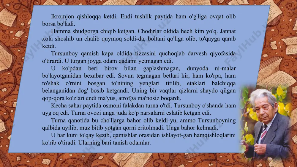 parvo qilmaydi. ikki kungina yotadi-da, yana qumg'on ko'tarib shudgorga keladi, yo bo'lmasa to'qayga kirib o'tinbop ildiz teradi. - o'tinning sira zarurligi yo'q. po'k ildizdan o'tin chiq- mas, bu o'tindan olov chiqmas. nima qilasiz ildiz yig'ib? to'lanboyning gapi unga kor qilmaydi. baribir ildiz yig'ib kelaveradi. jannat xola butunlay yotib qolishdan qo'rqardi. yotib qolsam, tursunboyning holi nima kechadi, deb tashvishla-nadi. u bir haftadan beri o'g'lini ko'rgani yo'q. tursunboy bilan bundan yetti kun oldin uchrashganda: - bolam, odamlardan ajralib chiqolmayapman. ovqa- tingni zovur orqasiga qo'yib ketaman, - deb tayinlagan edi. shundan beri ikki marta ovqat oborib qo'ydi. har borganda bo'shagan tovoqni olib kelardi. bugun hamma barobar shudgorga chiqqan. har yer-har yerdan bo'g'ib pol olishyapti. uch kun ichida pol tortib bo'lishsa kanaldan ariq ochib kelishadi. hammaning dalada bo'lishi jannat xolaning ayni muddaosi edi. u kechadan beri o'rnidan turolmay yotgan bo'lishiga qaramay, vaqtni g'animat topib, chodir orqasiga o'tib qozon osdi. go'shtsiz bo'lsa ham palov damladi-da, …