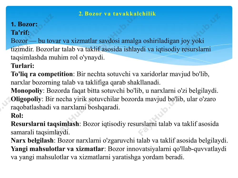 si samaradorlikni oshirishi yoki kamaytirishi mumkin. yaxshi tashkil etilgan boshqaruv tizimi va samarali iqtisodiy mexanizm kompaniyaning muvaffaqiyatini ta'minlaydi. risklarni boshqarish: firma iqtisodiy va tashkiliy risklarni boshqarishda turli mexanizmlardan foydalanadi, masalan, diversifikatsiya, byudjetlash, yoki sifatni boshqarish. umuman olganda, firma va uning tashkiliy-iqtisodiy mexanizmi kompaniyaning muvaffaqiyatini ta'minlash va bozor sharoitlariga moslashishda muhim rol o'ynaydi. uyga vazifa firma 1-yilda 8 000 dona ko’ylak, 2-yilda 10 000 dona ko’ylak tikkan. ishlab chiqarishga sarf-xarajat 1-yilda 2 mln so’m, 2-yilda 1.8 mln so’mni tashkil qildi. agar narx doimiy qolgan bo’lsa, bir dona ko’ylakdan olinadigan foyda qanchaga oshgan? 2-masala ikki qator reklama tuman gazetasida 20 000 (gazeta tiraji – 2000), viloyat gazetasida 40 000 (uning tiraji 120 000). viloyat televideniyasi 2 qator so’z 2 sekund vaqt oladi va bu esa 120 000 so’m turadi. lekin televizorni 1 mln kishi ko’radi. bir kishiga reklamani etkazishning eng arzon usulini hisoblab chiqing. image2.png image3.png image4.png image5.png image6.png image7.png image8.png image9.png …