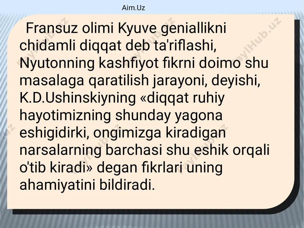 hazasiga ko'ra diqqat ongga ham, ob'ektning hususiyatlariga ham bog`liq emas. buning ahamiyatli tomoni diqqatning ob'ektga yo'naltirilishidadir. aim.uz a.n.leontьev mulohazasiga ko'ra, bu orientir faoliyati emas, chunki ob'ektning paydo bo'lishi bilan diqqat ham namoyon bo'ladi, ob'ekt yo‘q bo'lsa, demak diqqat ham bo'lmaydi, deb ta'kidlaydi. p.ya.galperin esa ob'ektning paydo bo'lishi bilan diqqat yuzaga keladi. ob'ekt yo‘qolgandan keyin esa psihik qism bo'lgan tekshirish, nazorat qilish jarayoni boshlanadi. demak, diqqat ongning bir ob'ektga yo'naltirilishi va ongli holatni nazorat qiluvchi jarayondan iboratdir. aim.uz n.f.dobrinin diqqatni kishi psihik faoliyatini biron-bir ob'ektga yo'naltirish va to'plash bilan boshqa ob'ektlardan chalg`ish orqali tushuntiradi. е.b.pirogova o‘quvchilarda eshitish va ko'rish diqqatini o'rganib, eshitish diqqatining ko'lami ko'rish diqqatidan bir necha bor kichikligini ta'kidlab o'tadi. aim.uz diqqatning psihologik tahlilini k.d.ushinskiy tarbiya muammosi bilan bog`lab, diqqatni boshqara bilishni aqliy rivojlanish va amaliy faoliyat uchun asosiy omil deb hisoblaydi. diqqatning maqsadga muvofiq boshqarish yoki idrok qilish paytida asosiy ishdan tashqaridagilarga chalg`imaslik tushuniladi. tarbiyachining vazifasi bolalarning faol …