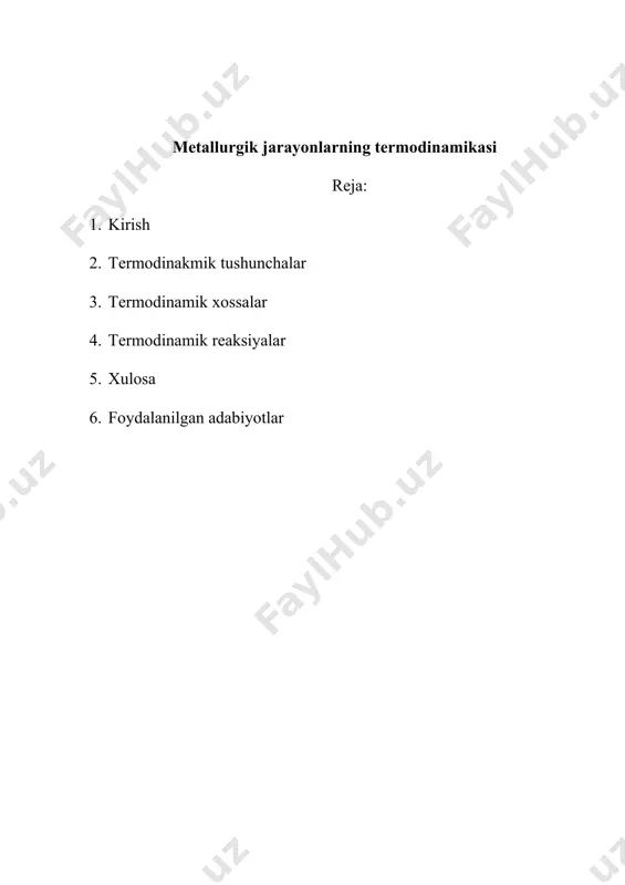 anadi. termodinamikaning bir qancha qonunlari mavjud. ularni yaxshi tushunish uchun bazi bir terminlar, tushunchalar va qiymatlar bilan tanishib olish lozim. termodinamikada organiladigan obekt sistema deyiladi. sistema - termodinamik jihatdan organish uchun tashqi muhitdan ajratib olingan, doimo bir-biri bilan o’zaro munosabatda bo’lgan jism yoki jismlar guruhi. tashqi muhit – sistema bilan to’g’ridan-to’g’ri yoki juziy aloqada bo’lgan hamma narsa. u shunday katta olchamga egaki, u tomondan issiqlik berilishi yoki olinishi uning haroratiga tasir etmaydi. termodinamik sistemaning bir ho’latdan boshqa ho’latga otishi – protsess (jarayon) deyiladi. tashqi muhit bilan tasirlashishiga qarab sistemalar ochiq, yopiq, izolirlangan sistemalarga bo’linadi. 1. ochiq sistema – tashqi muhit bilan ham modda, ham energiya almashadi. masalan: ochiq kolbadagi eritma. 2. yopiq sistema – tashqi muhit bilan modda almashmaydi, energiya almashadi. masalan: usti yopiq kolbadagi eritma. 3. izolirlangan sistema – tashqi muhit bilan modda ham, energiya ham almashmaydi. masalan: termostatda sodir bo’ladigan kimyoviy reaktsiya. amalda bunday sistema bo’lmaydi. tashqi muhit …