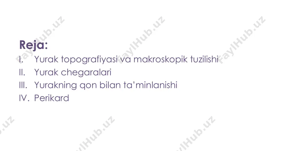 uqori chegara: • iii qovurg’aning yuqori qirrasidan o’tgan gorizontal chiziq • linea parasternalis dextra va sinistra gacha o’ng chegara: • linea parasternalis dextra bo’ylab iii qovurg’a tog’ayidan v qovurg’a tog’ayigacha apex cordis: • v qovurg’alararo bo’shliq sohada • linea mediaclavicularis sinistra dan 1,5-2 sm ichkarida chap chegara: • linea parasternalis sinistra bo’ylab • iii qovurg’a tog’ayidan apex cordis gacha pastki chegara: • linea parasternalis dextra bo’ylab • v qovurg’a tog’ayidan apex cordis gacha 2.yurakning absolut bo’g’iqlik chegarasi  yurakning to’sh suyagiga bevosita tegib turgan  o’pka bilan qoplanmagan qismi yuqori chegara: • iv qovurg’a tog’ayining yuqori qirrasi bo’ylab • linea sternalisgacha tortilgan chiziq o’ng chegara: • linea sternalis dextra bo’ylab • iv qovurg’a tog’ayidan v qovurg’a tog’ayigacha chap chegara: • linea sternalis sinistra bo’ylab • iv qovurg’a tog’ayidan apex cordis gacha pastki chegara: • processus xyphoideus asosi klapanlarning skeletotopiyasi 1.valva tricuspidalis • iv chap qovurg’a tog’ayining to’shga yaqin joyidan • …