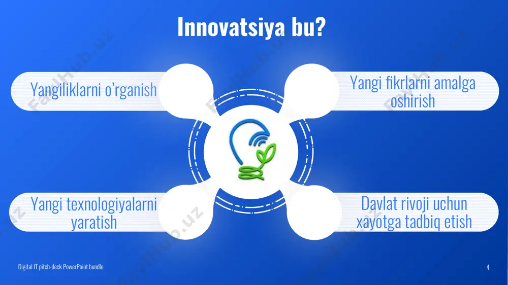 siya siyosati, davlatlarga kelajakni tayyorlash va global raqobatbardosh bo'lish uchun zarur bo'lgan qadriyatlar va strategiyalarni o'rnatishga imkoniyat beradi. bu siyosat orqali xorijiy davlatlar yangi texnologiyalarni o'rganish, yangi sohalarda rivojlanishni ta'minlash va o'z iqtisodiyoti va jamiyatini rivojlantirishda asosiy vosita sifatida namoyon bo’ladi. digital it pitch-deck powerpoint bundle o'zbekistonning innovatsion siyosati, davlat tomonidan belgilangan strategik yo'nalishlarda innovatsiyani rivojlantirish va ta'limga e'tibor qaratadi. quyidagi qisqacha ma'lumotlar davlatning innovatsion siyosati haqida berilgan davlat qo'llab-quvvatlash dasturi (dtd) ilmiy-texnik markazlar va laboratoriyalar startaplar va innovatsion korxonalar qo'llab-quvvatlash oliy ta'lim va ilmiy-tadqiqot tadbirkorlikni rivojlantirish tezkor innovatsiyalash davlat e’tibor qaratgan asosiy loyixalar 1 7 2 5 3 4 xalqaro hamkorlik 6 digital it pitch-deck powerpoint bundle 16 ilm bilan xayotga tadbiq xar bir g’oya (innovatsiya) mamlakat uchun faqat foyda olib keladi va kelajakda uzoq yillar davomida foydali mevasini beradi ilmsiz xayotga tadbiq xar bir g’oya (innovatsiya) mamlakat uchun faqat ziyon olib keladi va kelajakda uzoq yillar davomida zararli …