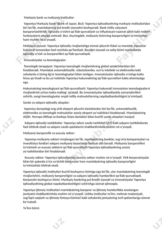 ko‘rsatadi. bu tizim ishchilar va ish beruvchilar o‘rtasidagi sadoqat va ishonchni mustahkamlab, barqaror mehnat munosabatlarini rivojlantiradi. markaziy bank va moliyaviy institutlar: yaponiya markaziy banki (bank of japan, boj): yaponiya iqtisodiyotining markaziy institutlaridan biri bo‘lib, mamlakatning pul-kredit siyosatini boshqaradi. bank milliy valyutani barqarorlashtirish, iqtisodiy o‘sishni qo‘llab-quvvatlash va inflyatsiyani nazorat qilish kabi muhim funksiyalarni amalga oshiradi. boj, shuningdek, moliyaviy tizimning barqarorligini ta’minlashda ham muhim rol o‘ynaydi. moliyaviy siyosat: yaponiya iqtisodiy rivojlanishiga xizmat qiluvchi fiskal va monetar siyosatlar hukumat tomonidan faol ravishda qo‘llaniladi. byudjet siyosati va soliq tizimi mamlakatda iqtisodiy o‘sish va barqarorlikni qo‘llab-quvvatlaydi. innovatsiyalar va texnologiyalar: texnologik taraqqiyot: yaponiya texnologik rivojlanishning global yetakchilaridan biri hisoblanadi. mamlakat avtomobilsozlik, robototexnika, sun'iy intellekt va elektronika kabi sohalarda o‘zining ilg‘or texnologiyalari bilan tanilgan. innovatsiyalar iqtisodiy o‘sishga katta hissa qo‘shadi va bu yo‘nalishda yaponiya hukumatining qo‘llab-quvvatlovi katta ahamiyatga ega. hukumatning texnologiyani qo‘llab-quvvatlashi: yaponiya hukumati innovatsion texnologiyalarni rivojlantirish uchun katta mablag‘ ajratadi. bu innovatsiyalar iqtisodiyotda samaradorlikni oshirib, yangi …