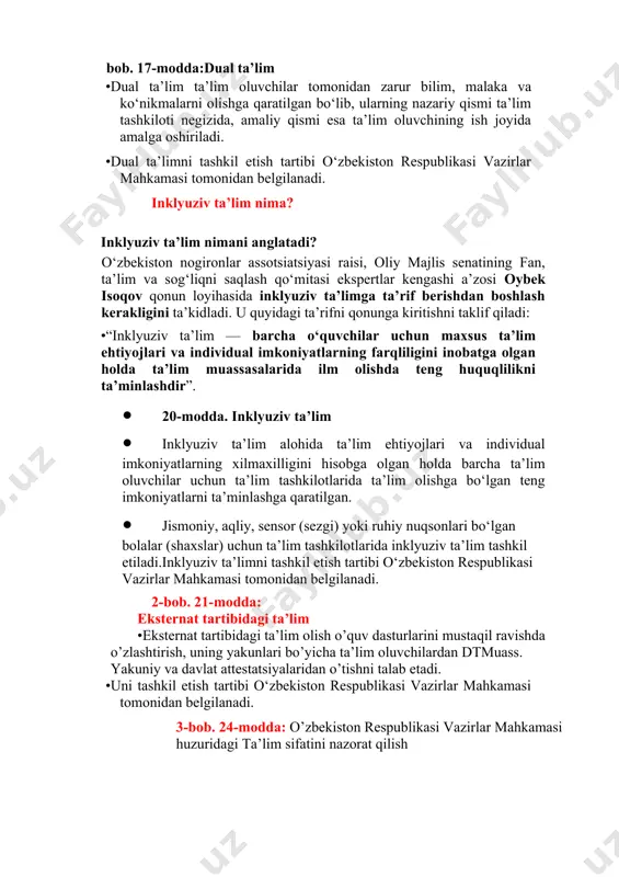 ‘lovlari, tomonlarning huquq va majburiyatlari hamda boshqa shartlar belgilanadigan shartnoma asosida amalga oshiriladi. 4-bob. 35-modda: ta’lim jarayoniga o‘quv rejalari va o‘quv dasturlarini joriy etish •ta’lim jarayoniga o‘quv rejalari va o‘quv dasturlarini joriy etish ta’lim tashkilotlari tomonidan amalga oshiriladi. •o‘quv rejalari va o‘quv dasturlarini joriy etish jarayonida zamonaviy pedagogik texnologiyalar, o‘qitishning innovatsion shakllari va usullari, axborot-kommunikatsiya texnologiyalari qo‘llaniladi. •ta’lim jarayoniga o‘quv rejalari va o‘quv dasturlarini joriy etish chog‘ida ta’lim tashkilotlari kredit-modul tizimiga asoslangan o‘qitish texnologiyalaridan foydalanishi mumkin. •o‘quv rejasida, qoida tariqasida, ta’lim jarayonining jadvali, o‘qitishning boshlanishi, muddati va davriyligi, o‘quv yillari, choraklar, semestrlar, amaliyot, ta’tillar hamda attestatsiya, ajratilgan haftalar soni, o‘rganiladigan fanlar (modullar) va ularga ajratilgan soatlar (kreditlar) hamda boshqa zarur parametrlar aks ettiriladi. 4-bob. 35-modda: ta’lim jarayoniga o‘quv rejalari va o‘quv dasturlarini joriy etish · professional va oliy ta’lim, kadrlarni qayta tayyorlash va ularning malakasini oshirishga doir o‘quv rejalarda ta’lim oluvchilar uchun amaliyot o‘tash nazarda tutiladi. · ta’lim oluvchilarning amaliyotni …