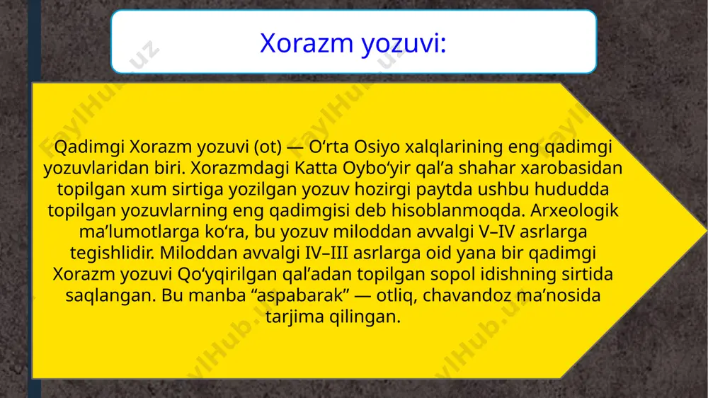 an. sugʻdiy yozuv miloddan avvalgi iii—ii asrlarda shakllangan boʻlib, markaziy osiyo madaniyati tarixida muhim rol oʻynadi. bu yozuv ijtimoiy va madaniy hayotning hamma sohalarida keng qoʻllangan. sugʻd yozuvlari namunalari markaziy osiyo mintaqasidan, jumladan, afrosiyob, panjikent, mugʻ togʻi, yerqoʻrgʻon, sharqiy turkiston, turkmaniston, pokiston, moʻgʻuliston, janubiy qozogʻiston va boshqa joylardan topilgan. bu esa, sugʻd yozuvining mintaqalar boʻylab keng tarqalganligining isbotidir. mutaxassislarning fikriga koʻra, sugʻd yozuvi dastlab mil.avv. iii—ii asrlarda paydo boʻlgan. sugʻd yozuvlari dastlab zarafshon vohasidan topilgan kumush tangalarda uchragan. bu tangalar mil.av. ii—i asrlarga taalluqli edi. tangalarda sugʻd yozuvlari keng tarqalgan davr mil.av. i asrdan to milodiy iv asrlargacha toʻgʻri keladi, deyish mumkin. ii—viii asrlarga taalluqli bullalar ham topilgan boʻlib, ularda ham sugʻd yozuvlari bitilgan. bullalarning biri kalkutta muzeyida, ikkinchisi britaniya muzeyida saqlanmoqda. soʻgʻd yozuvi sugʻd yozuvlari mashqlari turkmanistonda gaur-qaladan topilgan. 1974-yilda qarshi yaqinida yerqoʻrgʻondan sugʻd yozuvli bulla topilgan. bulla loydan konussimon muhr koʻrinishida yasalgan. unda „oʻlmas“ soʻzi oʻqiladi. 1979-yilda pokistonda …