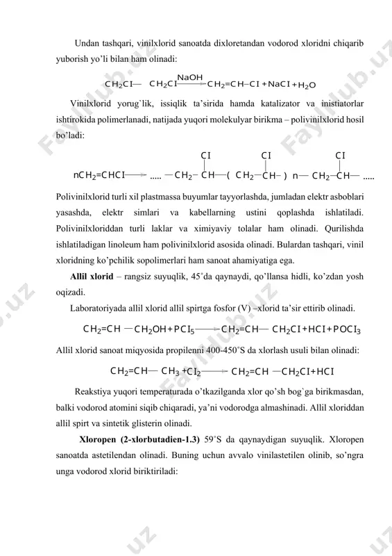 rit olishda ishlatiladi. to’yinmagan uglevodorodlarning poligalogenli hosilalari, ko’pincha, astetilendan olinadi. astetilen xlorlanganda ikki xil modda (i, ii) hosil bo’lishi mumkin: i modda simmerik dixloretilen, ii modda esa astetilen tetraxlorid yoki simmetrik tetraxloretan deyiladi. ammo astetilen xlorlanganda, ko’pincha avval tetraxloretan hosil bo’dib, so’ngra unga rux kukuni ta’sir etirilganda simmetrik dixloretilenga aylanadi: bu moddalar yaxshi erituvchi bo’lishiga qaramay, erutuvchilar sifatida ishlatilmaydi, chunki zaharlidir. simmetrik tetraxloretandan vodorod xlorid chiqarib yuborilganda trixloretilen hosil bo’ladi: trixloretilen suyuuqlik, deyarli zaharsiz, yonmaydi. sanoatda erutuvchi sifatida ishlatiladi. uning qo’sh bog`i polimerlanish reakstiyasiga juda ham qiyinchilik bilan kirishadi. ba’zan trixloretilen turli sintezlarda xom ashyo sifatida ishlatiladi. trixloretilendan tashkari sanoatda erituvchi sifatida ishlatiladigan tetraxloretilen (perxloretilen) xam mavjud. uц uglevodorodlarning polixloridli birikmalaridan, masalan uglerod turt xloriddan, osnrogi geksaloretandan olinadi. buning uchun geksaxloretan (alci3) katalizator ishtirokida qizdiriladi. tetraxloretilen ham deyarli zaharsiz erituvchidir. bu modda ham trixloretilenga o’xshash polimerlanish reakstiyasiga qiyin kirishadi (yuqori bosim, temperatura va muhum katalizator vozitasida), ba’zan esa kirishmasligi ham …