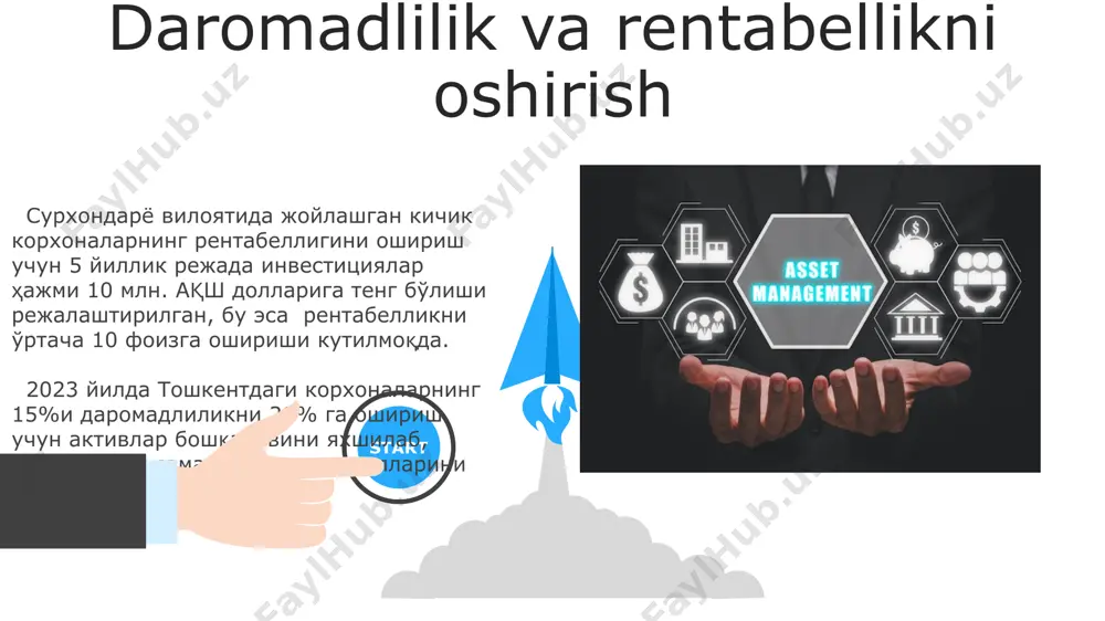 rtacha ko'rsatkichidan foydalaniladi. investitsiyalarni baholashda diskontlangan pul oqimlari (dcf) usuli, masalan, 10 yillik prognoz davri uchun 5% diskont stavkasini qo'llagan holda, aqsh dollari bilan hisob-kitob qilinadi va kelajakdagi daromadlarni hozirgi qiymatiga keltiradi. e'tiboringiz uchun rahmat @taqdimot_robot image5.jpg image6.jpg image7.jpg image8.jpg image9.jpg image10.jpg image11.jpg image12.jpg image13.jpg image1.jpeg image2.jpeg image3.jpeg image4.jpeg