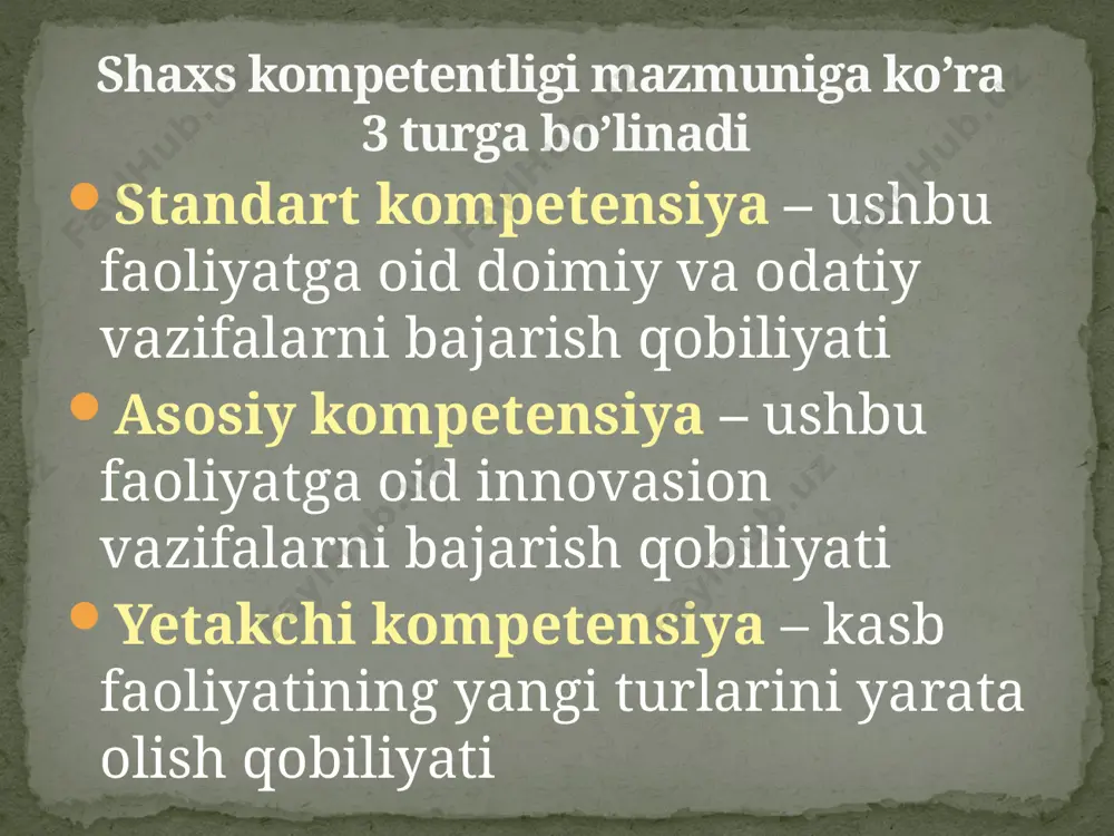 gi boshqa fanlar bilan gorizontal va vertikal uzviyligi ta’minlanganligi; fanni taraqqiy etish muammolari va yechimlari. касбий компетенция талаблари ахборот коммуникацион технологияларни билиш таълим муҳитига янгилик киритиш хорижий тиллардан бирини билиши лозим ўз фанини мукаммал билиш ўқувчиларда мотивацияни шакллантириш ўз устида ишлаш шахсий компетенция бағрикенглик масъулиятлилик ишчанлик инсонпарварлик мулоқотчанлик етакчилик мослашувчанлик фаоллик ва ташаббускорлик соғлом турмуш тарзига амал қилиш умуммаданий компетенция умуминсоний қадриятларга эгалик миллий маданиятга эга бўлиш бошқа миллатларнинг маданиятини ҳурмат қилиши маданиятли бўлиш мамлакатнинг ижтимоий ҳаётида иштирок этиш махсус компетенция таълимни табақалаштиришни билиш турли ёш хусусиятларини билиш фанига доир махсус методларни билиш ўқувчилар эҳтиёжини билиши didaktik kompetensiya talablari tashkilotchi-ijtimoiy pedagog: - o’quvchilarni mustaqil hayotga tayyorlaydi. sinf yetakchisi - sinfda ijobiy psixologik muhit yaratadi va ta’sir ko’rsatadi; metodist - ta’lim jarayonida o’quvchilarning muammoni yechishlariga yordam beradi va qo’llab-quvvatlaydi. faylasuf - bilim va tajribalarni tahlil qiladi, o’z qarashlarini asoslaydi; tajribali yaqin do’st - o’quvchilar oldidagi to’siq va muammolarni bartaraf etishga yordam …