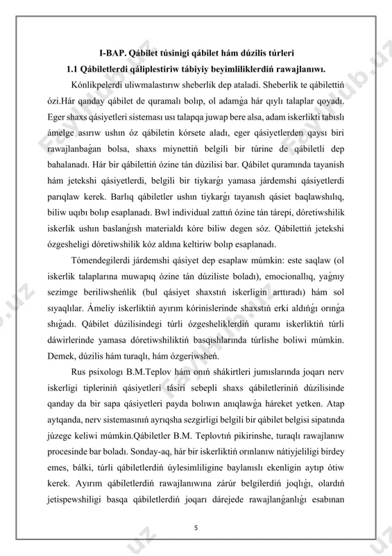 rli qábiletlerdiń úylesimliligine baylanıslı ekenligin aytıp ótiw kerek. ayırım qábiletlerdiń rawajlanıwına zárúr belgilerdiń joqlıǵı, olardıń jetispewshiligi basqa qábiletlerdiń joqarı dárejede rawajlanǵanlıǵı esabınan toltırılıwı múmkin. rus psixologiyasında qábiletler mashqalasın úyreniwde yeki baǵdar bar. birinshisi - nerv sisteması tiykarǵı qásiyetleriniń baylanısları hám insannıń uluwma psixikalıq qábiletlerin izertleytuǵın psixofiziologiyalıq baǵdar (e.l. golubeva, v.m. rusalov). basqa bagdar - qábiletlerdi individual, oyın, oqiw, miynet iskerliginde izertlew (a.n.leontevtin iskerlikke jantasıwınan). bul baǵdar iskerlik boyınsha qábiletlerdiń rawajlanıw anıqlawshıların úyrenedi, bunda talant belgileri áhmiyetke iye yemes. keyinirek s.l. rubinshteyn mektebinde (a.v. brushlinskiy, k.a. abdulxanova-slavskaya) qábiletler mashqalasın úyreniwge óz ara kelisimge tiykarlangan kózqaras qáliplesti. bul kóz-qarastıń tárepdarları bolgan alımlar, adamda payda bolatuģın qábiletlerdi talant belgileri tiykarında, iskerlik usıllarınıń rawajlanıwı sıpatında qaragan edi. qábiletlerdiń júdá kóp túrleri bar. házirgi zaman psixologiyasında insan qábiletlerinin klassifikaciya túrleri kópshilikti quraydı. olar ishindegi uliwma klassifikaciyalaw boyinsha qábiletler eki toparga: uliwma hám arnawli qábiletlerge bólinedi. bul toparlardıń hár biri ápiwayı hám quramalı, topar ishinde bolsa …