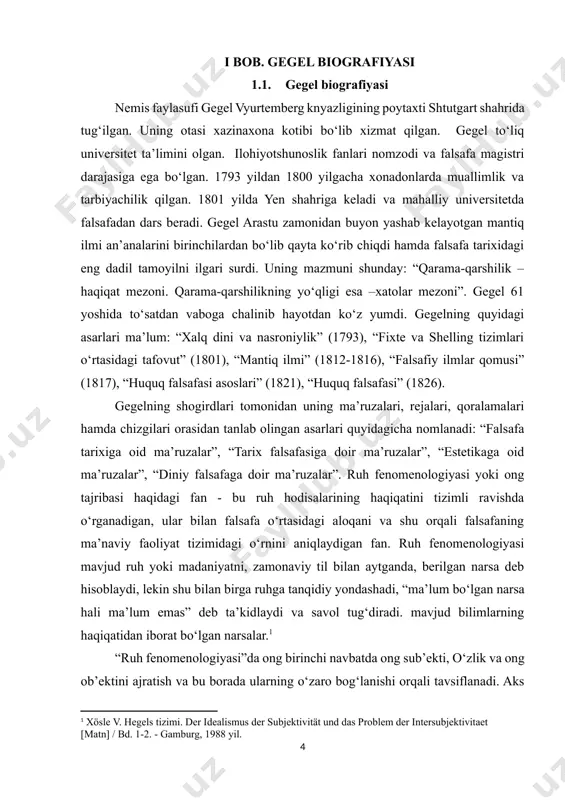 ‘zini tasavvur qilmaydi. bilimda mavjud bo‘lgan butunlik nafaqat ob’ekt, balki biladigan o‘zlik, shuningdek, men va ob’ekt o‘rtasidagi munosabat - ongdir”. o‘zi haqidagi odatiy ong g‘oyasining cheklanishi ong va ob’ektning ushbu mutlaq qarama-qarshiligini so‘zsiz tasdiqlashda yotadi. hatto tanqidiy, transsendental tadqiqotlar ham bu e’tiqoddan butunlay voz kechmadi va natijada tafakkurning voqelik haqidagi bilimga rasmiy munosabatini tan olish bilan cheklandi. haqiqiy falsafa, gegelga ko‘ra, “fikrni o‘z ichiga oladi, chunki fikr ham o‘z-o‘zidan bir narsadir yoki o‘zida bir narsani o‘z ichiga oladi, chunki narsa ham sof fikrdir” va qayerda “nimada” o‘z-o‘zidan mavjud va o‘zi uchun ongli tushunchadir va tushunchaning o‘zida va o‘zi uchun mavjuddir”, bu ishonchni engib o‘tishi kerak. bilimning haqiqati haqidagi fenomenologik savolning qo‘yilishi allaqachon tafakkurni shu yo‘nalishga yo‘naltiradi, chunki fenomenolog pozitsiyasidan yoki biz uchun, gegel aytganidek, ongning tomonlari: ob’ekt va bilim, o‘zi va o‘zi uchun - biz bilan teng munosabatda paydo bo‘ladi va shuning uchun ular o‘rnini almashtirganday tuyuladi: biz uchun ob’ekt …
