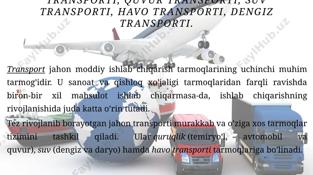 orat «birinchi o’nlik» mamlakatlari hissasiga to’g’ri keladi. temiryo’llar yevropada eng zich, rivojlanayotgan mamlakatlarda esa u juda siyrakdir. bundan tashqari, temiryo’l transportining rivojlanganlik darajasini ularning elektrlashtirilgan va yangi texnika (havo yostig’i, magnit va elektrodinamika) vositalaridan foydalana olish imkoniyatlari ham belgilaydi. temiryo’l transporti quruqlikda yuk tashish oborotiga ko’ra eng yirik tarmoqdir. bunda uning salmog’i rivojlanayotgan mamlakatlarda, ayniqsa, yuqoridir. hozirgi vaqtda jahon temiryo’llarining umumiy uzunligi 1,2 mln. km ni tashkil qiladi. g’arbiy yevropa. yaponiya. aqsh da temiryo’llar fti ning so’nggi yutuqlari asosida qurilgan. fransiya, yaponiyada poyezdlar soatiga 230 – 300 km tezlikkacha harakat qilmoqda, hindiston, ayrim afrika mamlakatlarida esa haligacha paravozlar xizmatidan foydalanib kelinadi. quvur transporti jahonning neft va tabiiy gaz ko’p miqdorda qazib chiqariladigan va ularni iste’mol qiladigan mamlakatlarda, ayniqsa, rivojlangan. jahon neft va gaz quvurlarining umumiy uzunligi 1,5 mln. km dan iborat. bu ko’rsatkich yildan-yilga oshib bormoqda, asosiy neft quvurlari tarmog’i neft qazib chiqaruvchi va uni iste’mol qiluvchi yirik davlatlar (aqsh, …