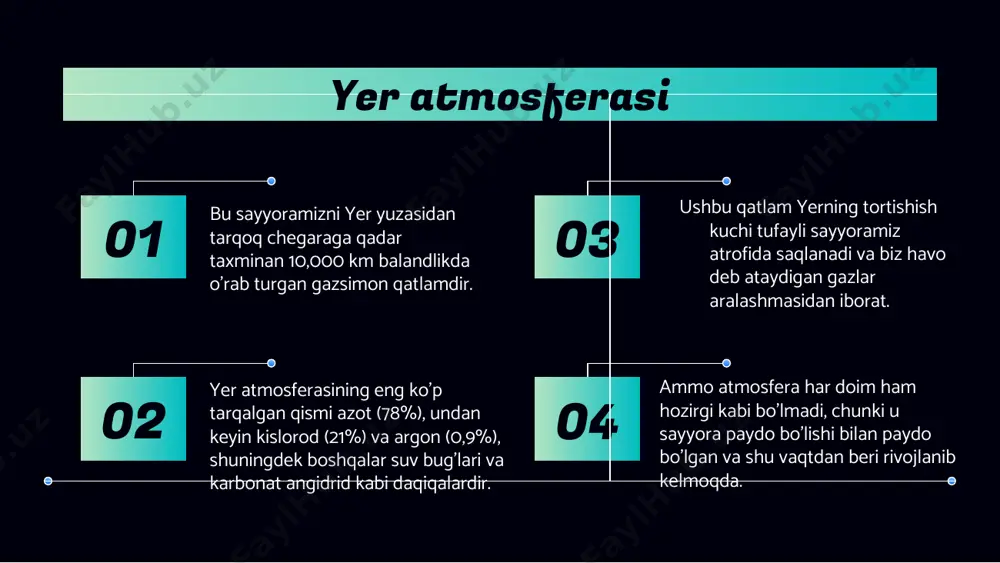 tbda 8-10 km, o`rtacha kengliklarda 10-12 km, ekvator atroflarida 16-18 km. troposfera (yunoncha tro­pos - o`zgarish, sfera - shar) - atmosferaning yer yuzasiga yaqin eng quyi qismi. troposferadagi havo asosan yer yuzasidan issiq ola­di. havo harorati troposferaning ustki chegarasida qutbda -55°, ekvator yaqinida -80°. ta’rif radioto'lqinlarning tarqalish muhiti tabiiy yoki sun'iy yo'l bo'lishi mumkin. radioto’lqinlar radio to'lqinlar yerga bevosita yaqin joyda tarqaladi, ular yer to'lqinlari deb ataladi. atmosferada radioto'lqinlarning tarqalishiga eng sezilarli ta'sir troposfera va ionosfera tomonidan amalga oshiriladi. troposferada troposfera to'lqinlarining tarqalishi troposferaning bir jinsli bo'lmaganligidan tarqalish va aks etish natijasida sodir bo'ladi; radioto'lqinlar ionosferadan aks etish orqali tarqaladi yoki unda tarqalish ionosfera deb ataladi. radio to'lqinlari yerdan kosmosga, kosmosdan kosmosga radio aloqasi uchun ishlatiladi va maxsus nomga ega emas. erkin kosmosda radioto'lqin ko'ndalang tuzilishga ega, ya'ni. uning tashkil etuvchi o'zaro bog'langan elektr va magnit maydonlari bir-biriga va tarqalish yo'nalishiga perpendikulyar. project success e’tiboringiz uchun raxmat! image1.png image2.png image3.png …