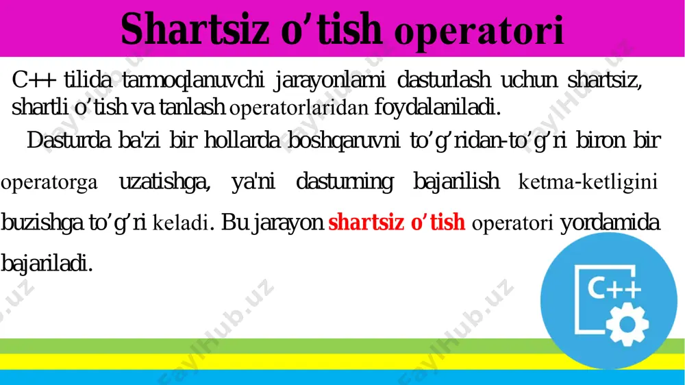 it1->text); b=strtofloat(edit2->text); x=strtofloat(edit3->text); if (a>0) { y= 3*pow(x,2)-3*a*b*x; radiogroup1->itemindex=0; label4->caption ="y="+floattostr(y); } else { y=13*a-pow(b,2)*x; radiogroup1->itemindex=1; label4->caption ="y="+floattostr(y); } } //------------------------------------------------------------------------- дастур void __fastcall tform1::bitbtn2click (tobject *sender) { close(); } //------------------------------------------------------------------------- -- дастур дастур dastur void __fastcall tform1::bitbtn1click(tobject *sender) {float y,x,a,b; a=strtofloat(edit1->text); b=strtofloat(edit2->text); x=strtofloat(edit3->text); if (a>0) { y= 3*pow(x,2)-3*a*b*x; showmessage("a>o shart bajarilsa, natija y="+floattostr(y)); } else { y=13*a-pow(b,2)*x; showmessage("a clear(); edit2->clear(); edit3->clear(); } //------------------------------------------------------------------------- -- o'zbekiston respublikasi �oliy va o'rta maxsus ta'lim vazirligi �toshkent davlat texnika universiteti слайд номер 2 слайд номер 3 слайд номер 4 слайд номер 5 слайд номер 6 слайд номер 7 слайд номер 8 слайд номер 9 слайд номер 10 слайд номер 11 dastur blok sxemasi слайд номер 13 слайд номер 14 слайд номер 15 слайд номер 16 слайд номер 17 слайд номер 18 слайд номер 19 слайд номер 20 слайд номер 21 слайд номер 22 слайд номер 23 слайд номер 24 слайд номер 25 слайд …