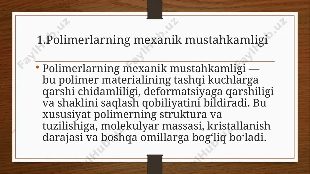 z va yumshoq o'ralgan bo'lsa, u ko'proq sudraluvchan bo'ladi. 2. elastiklik: polimerlar elastik xususiyatlarga ega bo'lib, ular tashqi kuchlar ta'sirida o'z shaklini o'zgartirishi mumkin. qanchalik elastik bo'lsa, polimerning sudraluvchanligi shuncha yuqori bo'ladi. 3. temperatura va atrof-muhit sharoitlari: temperatura ko'tarilganda polimerlarning molekulyar harakati tezlashadi va ularning sudraluvchanligi ortadi. suv yoki namlik kabi tashqi sharoitlar ham polimerlarning harakatiga ta'sir qiladi. yuzaki siljish va uzilishlar: polimerlarning yuzasi yoki qirralarining qoplamasi ham sudraluvchanlikka ta'sir qiladi. agar yuzada yuqori qo'zg'atuvchi kuchlar yoki noto'g'ri materiallar mavjud bo'lsa, bu polimerning siljishini kamaytirishi mumkin. polimerlarning sudraluvchanligini oshirish uchun turli xil usullar mavjud, masalan, ularni plastifikatorlar bilan aralashtirish, sirtni tekislash, yoki boshqa materiallar qo'shish orqali. sudraluvchanlikni tushunish va boshqarish polimerlarning turli xil dasturlarida, masalan, plastiklar, kauchuklar, va boshqa yuqori samarali materiallarni ishlab chiqarishda muhim ahamiyatga ega. 3.polimerlarning uzoq muddatligi. polimerlarning uzoq muddatligi (yani, ularning ishlash muddatining uzoqligi) bir nechta omillarga bog‘liq. bu omillar orasida polimer turiga, uning ishlatilish sharoitlariga, …