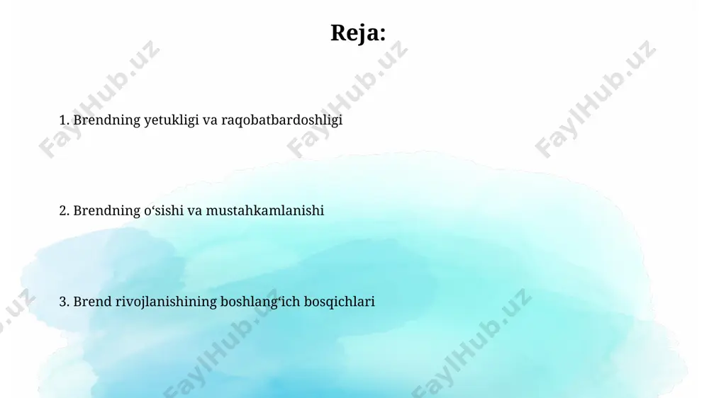 rali deb topilgan. brendni shakllantirishning boshlangʻich bosqichi boshlangʻich bosqichda, oʻrtacha 3-5 yil davomida, brendning asosiy qadriyatlari va missiyasi aniqlanadi, shu bilan birga, 20 dan ortiq raqobatchilar tahlili oʻtkazilib, noyob savdo taklifi yaratishga e’tibor qaratiladi. brendni shakllantirishning boshlangʻich bosqichida, masalan, 500 dan ortiq kichik korxonalar boʻlgan toshkent shahrida, bozor tadqiqoti va potentsial mijozlarni aniqlashga 70% gacha vaqt ajratish muhim hisoblanadi. brendning bozorga chiqishi va targʻiboti brendning onlayn mavjudligi, 200 000 dan ortiq obunachiga ega boʻlgan ijtimoiy tarmoqlardagi 3 ta reklama kampaniyasi orqali kuchaytirildi. brendning oʻzbekiston bozoriga chiqishi, 2023-yilda 30 millionlik reklama byudjeti bilan boshlanib, toshkentdagi ommaviy axborot vositalaridan foydalanishni oʻz ichiga oldi. brendni aniqlash va pozitsiyalash brendni aniqlash jarayoni, masalan, coca-cola kompaniyasining 1985 yilda yangi formulani joriy etishga urinishi natijasida 3 oy ichida 40% dan ortiq iste'molchilarni yo'qotishini ko'rsatadiki, bozor tadqiqotlarini chuqur o'rganishni talab qiladi. muvaffaqiyatli brendni aniqlash va pozitsiyalash, masalan, apple kompaniyasining inovativ dizayn va foydalanuvchi tajribasiga qaratilgan 20 yillik …