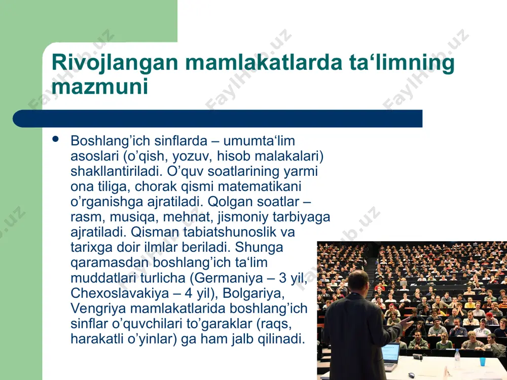 b qilingan bo’lib, 10 yillik politexnika umumta‘lim maktablarida amalga oshiriladi. mazkur maktab: quyi, o’rta, yuqori sinflarga bo’linadi. quyi sinflar (i-iii) da, asosan, o’qish, yozish, hisob malakalari shakllanadi. unda ona tili darslari o’quv soatlarining 50 % ini tashkil etadi. qolgan soatlar mehnat, estetik, jismoniy tarbiyaga ajratilgan. o’rta bosqich (iv-vi) ta‘limi fan o’qituvchilari tomonidan olib borilib, unda ilm asoslari o’rganiladi. yuqori sinflar (vii-x sinflar) da majburiy ta‘lim dasturi bilan birga tanlov fanlari (22 yo’nalishidagi) ham o’qitiladi, kasb tanlash, kasb-kor tarbiyasiga alohida e‘tibor beriladi. kasb ta‘limi – 10-sinfni bitirganlarning barchasi uchun majburiy (o’quv yurtlariga kirmaganlar uchun) dir. kasb ta‘limi (2-3 yil) da 2 yil o’qiganlarga texnikumlar va o’rta maxsus ma‘lumotli injenerlar maktablarida o’qiydi. kasb ta‘limi muassasalarida 3 yil o’qiganlar kasb-hunar egallash bilan birga yetuklik attestati ham oladilar va oliy o’quv yurtiga kirish huquqini qo’lga kiritadilar. kengaytirilgan maktablar – 10-sinf bitiruvchilarini qabul qilib, 2 yil davomida oliy o’quv yurtiga tayyorlaydi. bu maktab bitiruvchilari soni …