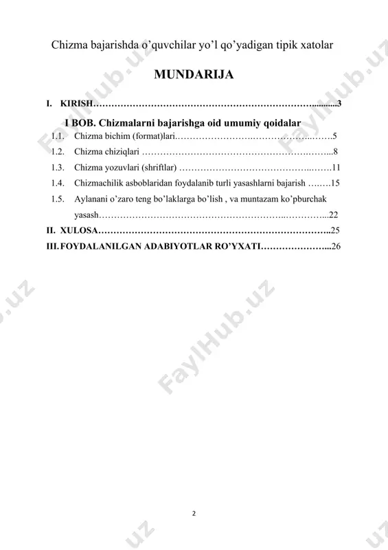qsa mashinasozlik, texnikada yoki bo’lmasa kundalik hayotda ishlatadigan barcha buyumlarimiz chizmalar asosida yaraladi. jahonda ishlab chiqariladigan barcha texnika va mashina faqat chizmalar asosida yaraladi.chizma bu muxandisning g’oya va fikrlarini ifodalovchi hujjat hisoblanadi. chizma chizish murakkab jarayon hisoblanadi, chizuvchidan sabr toqat va qunt bilan ishlashni talab qiladi. chizmaning sifati chizuvchining qo‘l sezgisiga bog‘liq bo‘!adi. chizmalarni toza va chiroyli qilib chizishda, asosan, qo‘l sezgisi kata ahamiyatga ega. chiziladigan bir hil turdagi chiziqlar bir hil yo‘g‘onlikda, bir tekis qilib chizilishi lozim. insonda qo'i sezgisi yaxshi rivojlangan bo‘lsa, qo’liga olgan qalamni qog‘oz ustida mahorat bilan yurgiza oladi. insonning qo‘l sezgisini tekshirish uchun qalam uchi ingichka qilib chiqariladi (uchlanadi) va chizg'ich yordamida bir nechta chiziq chizish mashq qilinadi. shunda chizilgan chiziqlarning ko'pchiligi bir xil chiqsa, uning qo‘l sezgisi yaxshi rivojlangan hisoblanadi. ba'zi odamlarning qo‘l sezgisi nisbatan rivojlanmagan bo‘ladi. ular qalamning uchi ingichka yoki yo‘g ‘onroq uchlangandan qat'iy nazar, qalamni bir xilda bosib chizishadi. shunda ingichka …