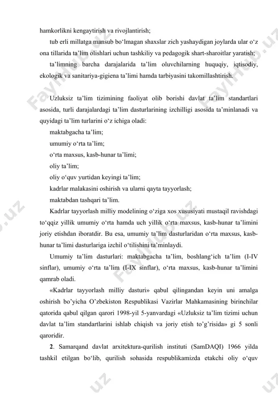 quruvchilar, qurilish sohasi bo‘yicha iqtisodchi va menedjerlar, mashinasozlar, geodeziya va kadastr sohasi uchun mutaxasislarni tayyorlashda salmoqli o‘rinni egallab kelmoqda. samarqand davlat arxitektura-qurilish institutida hozirgi kunda uzluksiz ta’lim jarayonining barcha bosqichlari bakalavriatura, magistratura va doktorantura mavjud. jumladan, institutda 23 yo‘nalishda bakalavriatura, 11 mutaxasislik bo‘yicha magistratura, 11 ta ixtisoslik bo‘yicha tadqiqotchi-izlanuvchilar va 8 ta yo‘nalish bo‘yicha katta ilmiy xodim (doktorant)lar institutda faoliyat ko‘rsatmokda. institutda hozirgi kunda 3300 nafar talaba va 123 nafar magistrlar ta’lim olmoqda. talabalarga 26 ta kafedradagi 422 nafar professor-o‘qituvchi, 18 nafar fan doktori va professorlar, 134 nafar fan nomzodlari va dotsentlar faoliyat olib bormoqdalar. ulardan bir nechtasi «o‘zbekistonda xizmat ko‘rsatgan san’at arbobi», «o‘zbekistonda xizmat ko‘rsatgan me’mor», «o‘zbekistonda xizmat ko‘rsatgan yoshlar murabbiysi» faxriy unvonlariga ega bo‘lgan professor-o‘qituvchilar arxitektura va qurilish sohasining sirlarini o‘rgatmoqdalar. institutda ma’naviy-ma’rifiy ishlar bo‘yicha ham salmoqli ishlar amalga oshirilmoqda. jumladan, fakul’tet va kafedralarni ma’naviy-ma’rifiy sohaga oid adabiyotlar bilan ta’minlash, institut hududi, fakul’tet binolari va talabalar turar joyining …