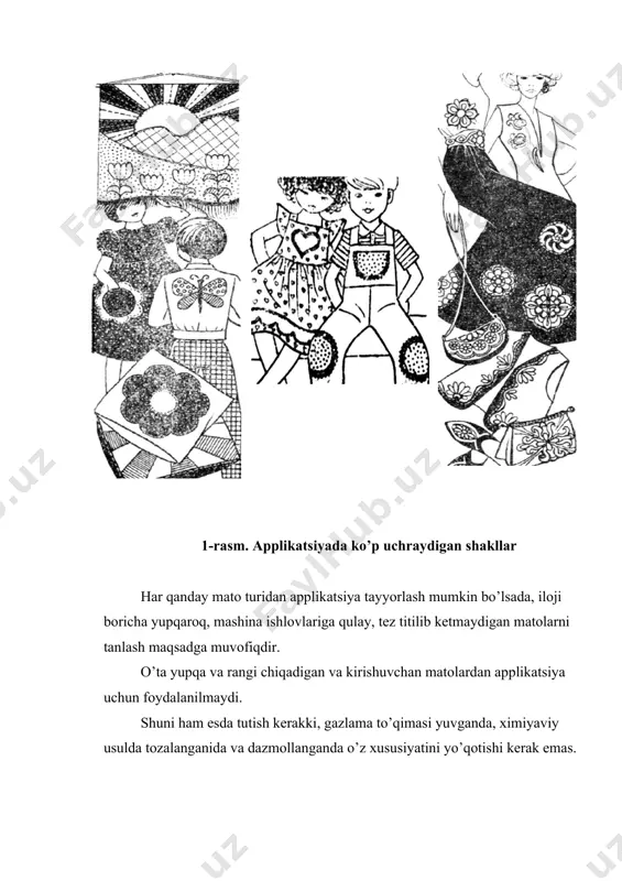 yuvganda, ximiyaviy usulda tozalanganida va dazmollanganda o’z xususiyatini yo’qotishi kerak emas. applikatsiya matoga maxsus qotirma yordamida yopishtirilgandan so’ng, shunday tikish kerakki, asos gazlama bilan applikatsiya bo’laklari uyg’unlashib ketishi zarur, buning uchun albatta yuqori sifatli ip tanlanadi. atlasnoy matolarga applikatsiya ishlovi berish uchun maxsus moslama lapka tanlanadi, chunki asos matodan applikatsiya ajralib kishi diqqatini tortadigan darajada hosil qilinishi kerak va qirqim iplari ko’rinmasligi lozim. g a j i m t a y yo r l a sh gajim asosan maxsus iplardan va ip qoldiqlaridan tayyorlanadi. gajim to’qilishi, hajmi, shakli jihatidan bir necha xillarga bo’linadi. gajim asosan oyna, eshik pardalarini va ayollar va bolalar kiyimlarini bezash uchun maxsus bezak sifatida ishlatiladi. mato turi, rang va fasonga qarab, gajim tanlanadi. bu asosan kiyimlarni etak, ko’krak, yeng, yoqa qirqimlariga, pardalarning etak qismiga qo’yib tikiladi. gajimlarni sifat darajasi yuqori bo’lish u bilan birga titilmaydigan, kirishmaydigan, rangi chiqmaydigan bo’lishi talab etiladi. gajim ranglari aniq, abstrakt va …