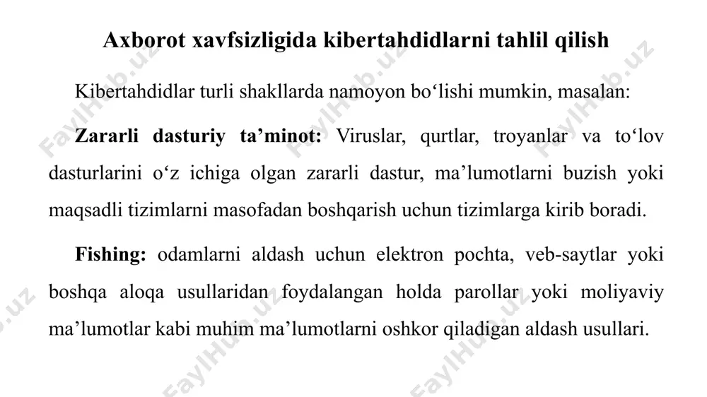 rini bilmaslik natijasida yuzaga kelishi mumkin. insonga qaratilgan tahdidlar ushbu boʻlim ijtimoiy muhandislik va onlayn tahdidlarning turli shakllarini oʻrganadi: fishing, spear fishing, kit ovlash, pretexting, baiting, pharming, oʻzini namoyon qilish, ijtimoiy media hujumlari. ijtimoiy muhandislik va onlayn tahdidlar shaxsni ma’lumotlarini oʻgʻirlashdan oʻzini himoya qilish turli xil profilaktika choralarini koʻrishni oʻz ichiga oladi, jumladan: a. shaxsiy ma’lumotlarni himoya qilish: shaxsiy hujjatlar va maxfiy ma’lumotlarni jismoniy va raqamli xavfsiz saqlash. b. moliyaviy hisobotlarni monitoring qilish: har qanday ruxsat etilmagan operatsiyalar yoki shubhali harakatlar uchun bank va kredit karta koʻchirmalarini muntazam ravishda koʻrib chiqish. c. kuchli parollar va ikki faktorli autentifikatsiya: onlayn hisoblar uchun noyob va kuchli parollardan foydalanish va mavjud boʻlganda ikki faktorli autentifikatsiyani yoqish. tuzatish va oldini olish d. hujjatlarni parchalash: shaxsiy ma’lumotlarni oʻz ichiga olgan hujjatlarni tashlashdan oldin ularni maydalash orqali toʻgʻri yoʻq qilish. e. kredit monitoringi: kredit hisobotlarini monitoring qilish va ruxsatsiz faoliyat yoki soʻrovlarni aniqlash uchun kredit monitoringi …