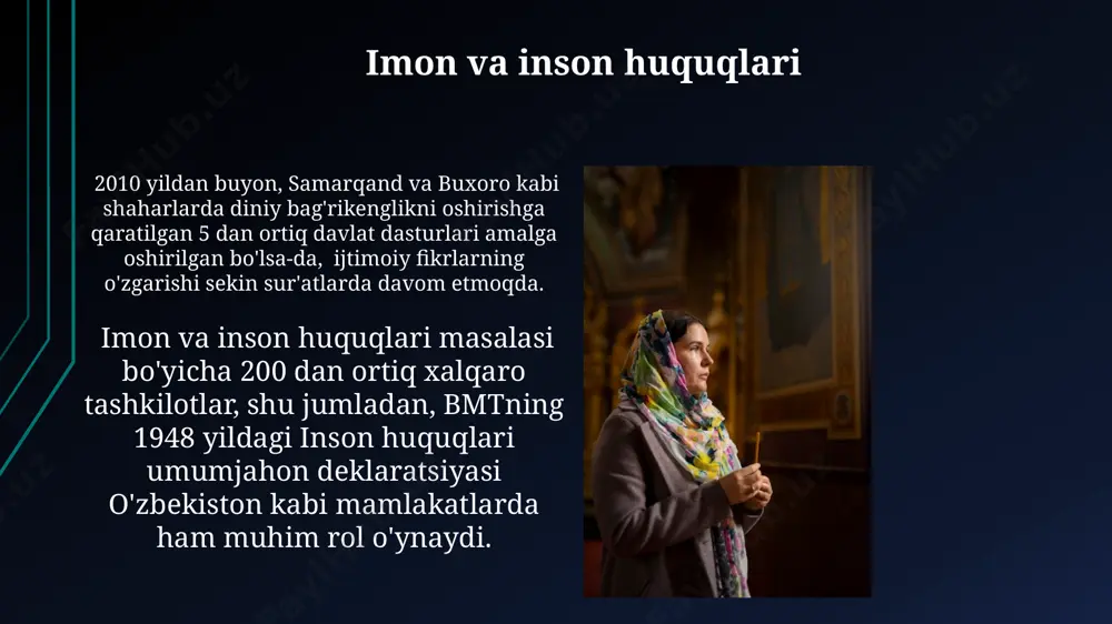 ing ta'siri butunlay yo'q qilinmadi. buxoro amirligi davrida (16-18-asrlarda) islom dinining ta'siri ostida shaharsozlik va hunarmandchilikning 30 dan ortiq yangi uslublari paydo bo'lib, ularning ko'pchiligi diniy marosimlar bilan bog'liq edi. imon va ijtimoiy hayot ўзбекистондаги 2023 йилги сўровларга кўра, 70% дан ортиқ аҳоли диний эътиқодларга эга бўлиб, бу мамлакатнинг маданий мероси ва ижтимоий ҳаётига кучли таъсир кўрсатади. тошкент шаҳридаги 15 дан ортиқ масжид ва ибодатхоналар турли диний жамоалар учун муҳим марказлар ҳисобланиб, ижтимоий тадбирлар ва хайрия ишларини ташкил этишда фаол иштирок этадилар. imon va me'morchilik imon va me'morchilikda samarqanddagi 15-asrga oid bibi-xonum masjidi kabi yirik diniy inshootlar 1000 dan ortiq hunarmandlar tomonidan qurilgan bo'lib, ularning me'morchiligi islom madaniyati ta'siriga asoslangan. o'zbekistonning buxoro shahridagi poi kalyan majmuasi, taxminan 12-asrga tegishli bo'lib, 40 metr balandlikdagi minorasi va murakkab geometrik naqshlari bilan islom dinining ta'sirini aks ettiruvchi muhim me'morchilik yodgorligidir. diniy bag'rikenglik va madaniy xilma-xillik ўзбекистондаги 200 дан ортиқ масжид ва ибодатхоналар ҳар …