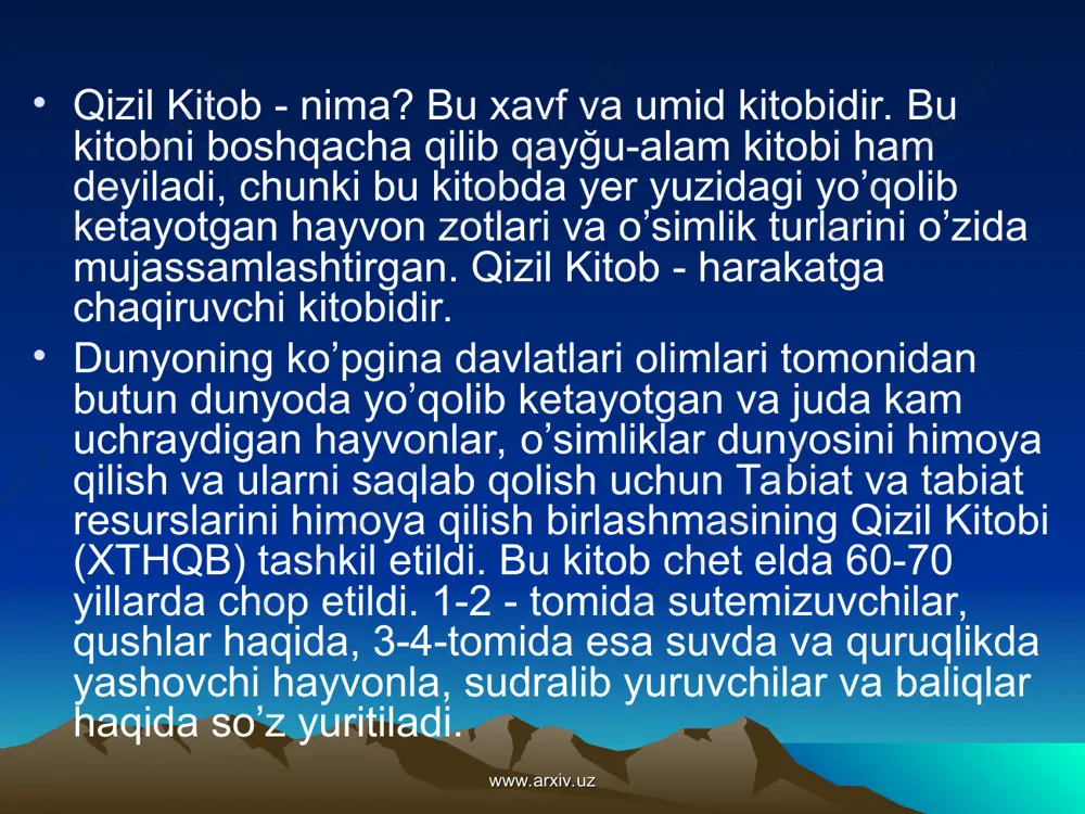 ega. keyinchalik yer maydoni 15600 ga kengaytirilgan. u hozirda zomin nomini olgan. ikkinchi qo’riqxona - 1941 yilda_orol daryosi qirğoqlarida tashkil etilgan bo’lib, 300000 gektar (ga) maydoniga ega. uchinchi qo’riqxona - 1947 yilda toshkent oblastiningohangaron va parkent tumanlari atrofida tashkil qilingan bo’lib, maydoni 22000 gektardan 35686 ga kengaytirilgan va hozirda chotqol nomi bilan ataladi. 1961 yilda o'zbekiston fanlar akademiyasining qo’riqxonasi tashkil qilindi, hozirda surhondaryo qo’riqxonasi deyiladi. www.arxiv.uz www.arxiv.uz 1971 yilda respublikada 3 ta qo’riqxona: qoraqalpoqda- baday qo’riqxonasi, buhoroda- qorako’l va qizilqum qo’riqxonasi tashkil qilingan. 1975 yilda yana 4 ta qo’riqxonalar tashkil etildi. vardanzi (buhoroda), nurota (nurotada), qizilqum (qashqadaryoda), zarafshon (samarqandda). 1976 yilda qashqadaryoda miroqchi qo’riqxonasi , 1977 yilda jizzaxda arnasoy,1978 yilda farğonada abdusamat, 1986 yilda surhondaryo qo’riqxonasi tashkil etilgan, yer maydoni 245002 gektarga ega, uning tarkibiga orol payğambar qo’riqxonasi qo’shildi. yuqorida aytib o’tilgan qo’riqxonalardan boshqa respublikamiz territoriyasida yana bir qancha qo’riqxonalar bor. ulardan tashqari milliy boğkarimiz, tabiiy yodgorliklarimiz ham bor. har …