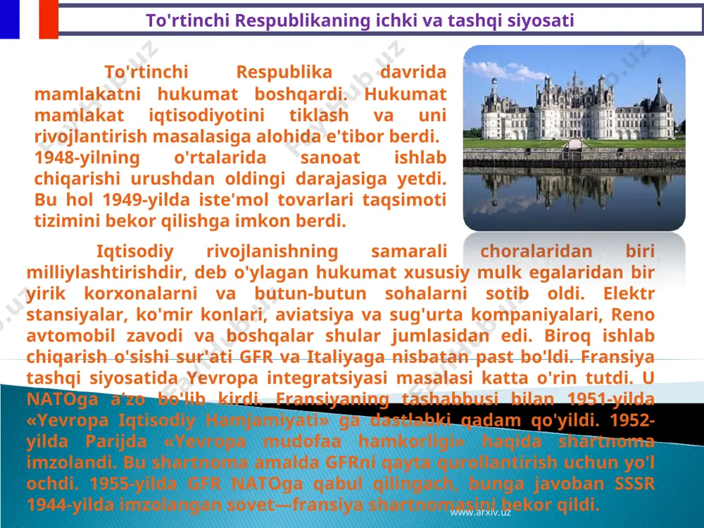 ini chekladi va, aksincha, prezident vakolatlarini kengaytirdi. fransiya prezidentlik respublikasiga aylandi. butun hokimiyat deyarli prezident qoiida to'plandi. u davlat hamda ijrochi hokimiyat boshlig'i, qurolli kuchlarning oliy bosh qo'mondoni ham edi. prezident parlament qabul qilgan qonunlarni tasdiqlash va parlamentni tarqatib yuborib, yangi saylov belgilash huquqiga ega edi. muhim masalalarni va o'zi lozim topgan qonunlarni referendumga qo'ya olardi. ichki va tashqi siyosatga shaxsan rahbarlik qilar edi. shunday qilib, mamlakatda de gollning shaxsiy hokimiyati o'rnatildi va u o'z oldiga fransiyani tiklash vazifasini qo'ydi. shu maqsadda mamlakat iqtisodini modernizatsiyalash amalga oshirildi. ilmiy-texnika inqilobi yutuqlari keng joriy etildi. sanoatning yangi tarmoqlari — atom, radio elektronika, kosmik texnologiya va raketa qurilishi vujudga keltirildi. modernizatsiyalash jadal sur'atlarda o'tkazildi va u 60-yillarda nihoyasiga yetkazildi. oqibatda fransiya zamonaviy industrial davlatga aylandi. asosiy iqtisodiy ko'rsatkichlar bo'yicha buyuk britaniyani ortda qoldirib, jahonda 5-o'rinni mustahkam egalladi. eksport ko'paydi. bu unga 60-yillarning o'rtalariga kelib barcha qarzlaridan qutulish va qarz beruvchi davlatga aylanish imkonini …