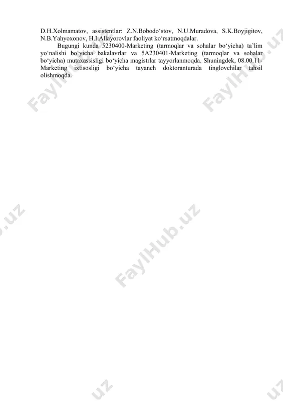 ka bazasini takomillashtirishningmuhim yo‘nalishshidir” mavzusida xo‘jalik shartnomasi dots. sh.h.samibayev, dots.r.g.yunusova, dots.r.g.ibragimov, dots. a.i.ishanqulov, katta o‘qituvchi f.a.axmedov va assistent yu.ya.mullakandovlar tomonidan bajarildi. kafedra olimlari matlubot kooperatsiyasi xodimlari ishtirokida savdoda va ulgurji bazalarda progressiv texnologiyalarni joriy etish bo‘yicha ham muhim ishlarni amalga oshirganlar. ma’lumki, respublikamizning ko‘pchilik iqtisodiyot va biznes bilan bog‘liq kadrlar tayyorlashga mas’ul oliy dargohlarida marketing kafedralari tashkil etilib, marketing yo‘nalishi bo‘yicha ham bakalavrlar va magistrlar tayyorlanib, marketing muammolari bo‘yicha dissertatsiyalar himoya qilinmoqda. ana shunday kafedralardan biri samarqand iqtisodiyot va servis institutida faoliyat ko‘rsatayotgan marketing kafedrasidir. bu kafedra o‘z tarixini o‘zbekiston respublikasi mustaqillikka erishilgan yildan boshlab, dastlab sobiq samarqand kooperativ institutining “savdoni tashkil etish va texnikasi” kafedrasi zamirida 1988-1990 yillarda samarqand kooperativ instituti rektori lavozimida ishlagan professor soliyev ahmad soliyevich tashabbusi bilan tashkil etildi. shu sababli marketing kafedrasining birinchi kafedra mudiri ham professor a.s.soliyev hisoblanadi. kafedraga 1992-2002 yillarda professor r.g.ibragimov rahbarlik qildi. 2002-2013 yillarda t.f.d., professor r.normaxmatov, 2013-2014 yillarda t.f.n., dotsent …