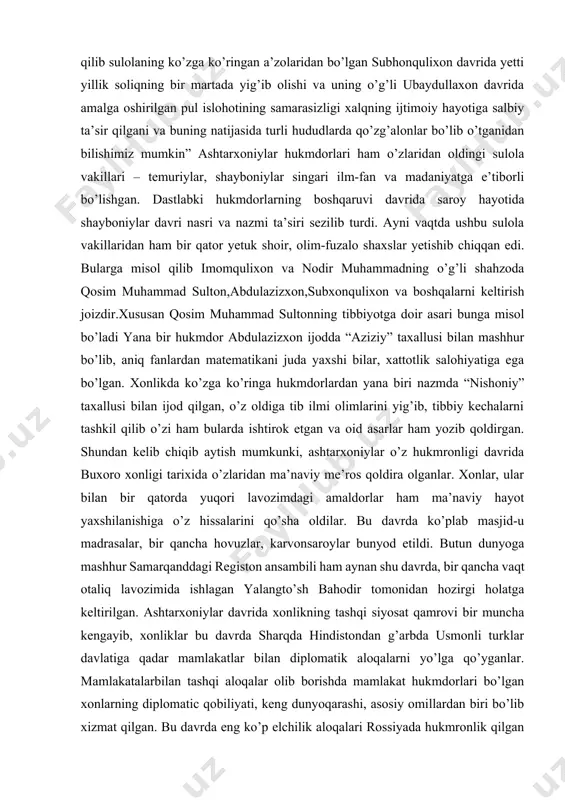 iga karamay iqtisodiyotning bu sohalari rivojlanishda davom etdi. dehqonchilik sugʻorish bilan bevosita bogʻliq boʻlgan. sugʻorish tarmoqlari zarafshon va amudaryodan chiqarilgan. abdullaxon ii ning 1583-yilda nurota togʻlari shim. yon bagʻirlaridagi eski oqchob qishlogʻi yaqinida qurdirgan suv ombori qoldiqlari hozirgacha saqlangan. shuningdek, zarafshon daryosida puli karmana, puli mehtar qosim va puli chahorminor kabi suv taqsimlagichlar qurilgan. zarafshondan jizzaxga tuyatortar arigʻi chiqarilgan. sugʻorish tarmoqlari amir shohmurod va amir haydar davrlarida ham ancha koʻpaydi, koʻchmanchilarning oʻtroqlashuvi kuchaydi. xonlikda yer egaligining asosan 3 turi — amlok (amir .boshchiligidagi mulkdorlar guruhi ixtiyoridagi yerlar), mulk (xususiy yer egalariga qarashli) va vaqf (musulmon ruhrniylari, madrasa, masjid va mozorlarga qarashli) yerlari mavjud boʻlgan. xonlikda dehqonlar yerni asosan, ijaraga olib ishlar edi. soliq turi va toʻlovlarning koʻpligidan, begor majburiyatidan bezor boʻlgan mehnatkash xalq tez-tez gʻalayon qilib turardi. dehqonchilikda asosan gʻalla, paxta ekilgan. ipakchilik koʻproq zarafshon vodiysida rivojlaigan. chorvachilikda ot, tuya, qoramol, qoʻy boqilgan. hunarmandchilikning koʻp turlari ravnaq topgan. xususan, toʻqimachilik, …